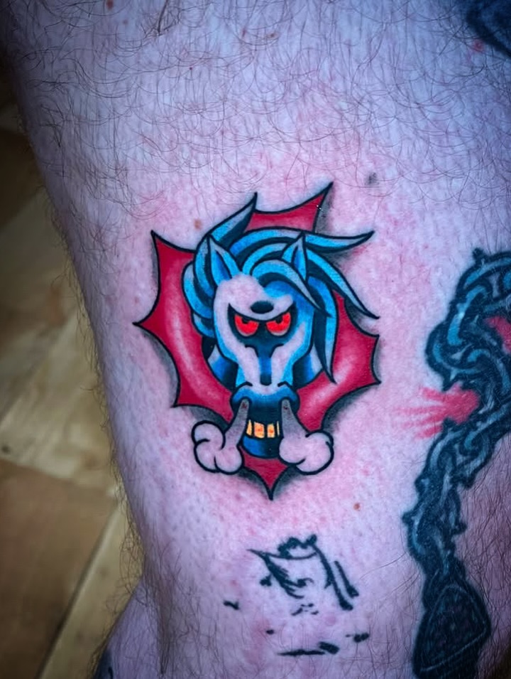 Demon American traditional tattoo on the thigh by Destroy Troy
