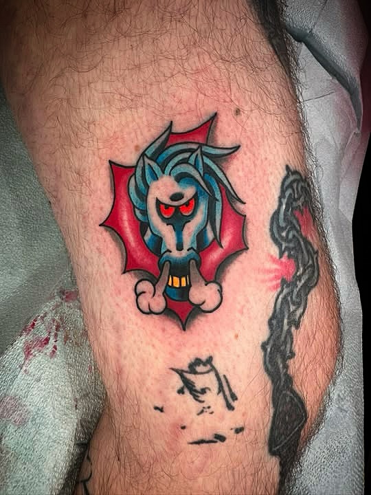 Anime character anime tattoo on the thigh by Destroy Troy