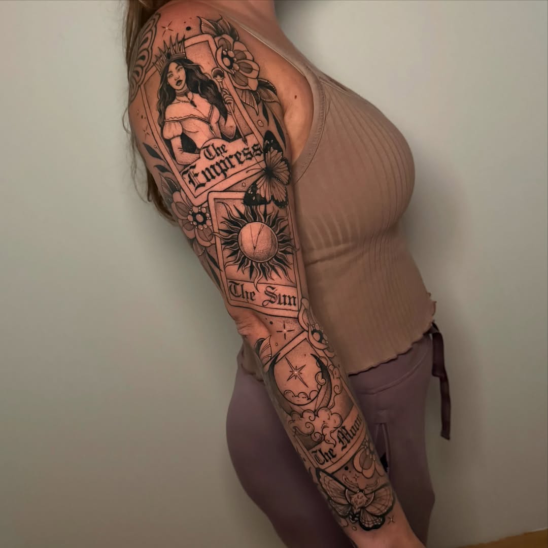 Tarot card American traditional tattoo on the upper arm by ɪᴠᴏɴɴᴇ