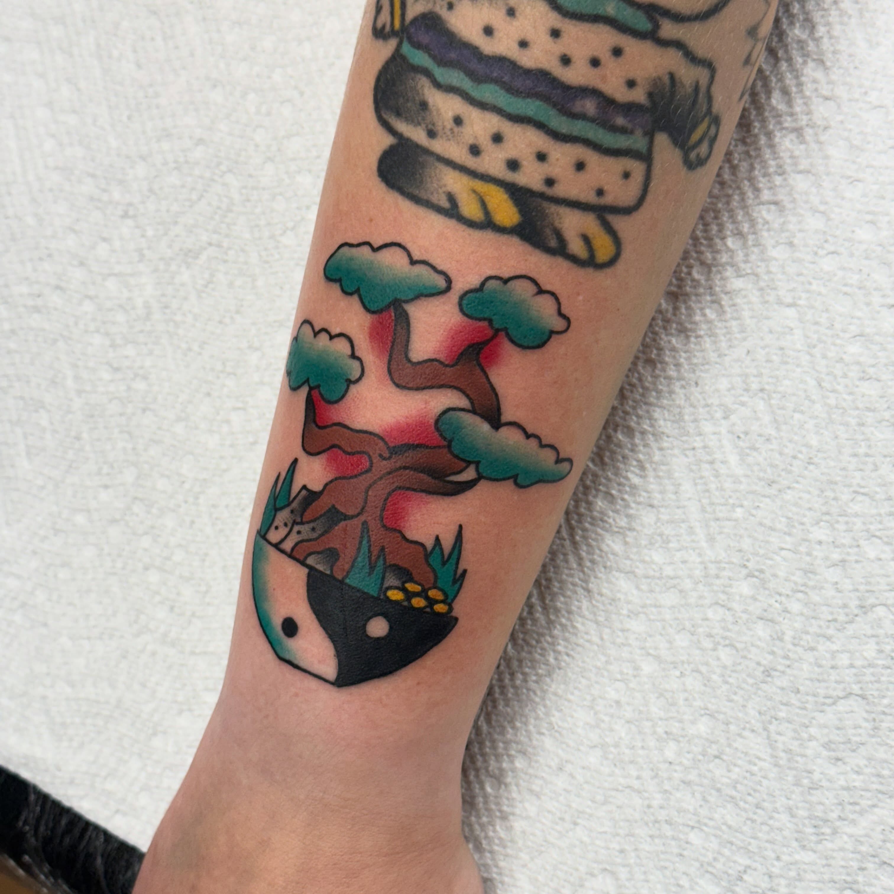 Bonsai tree dotwork tattoo on the forearm by Ben