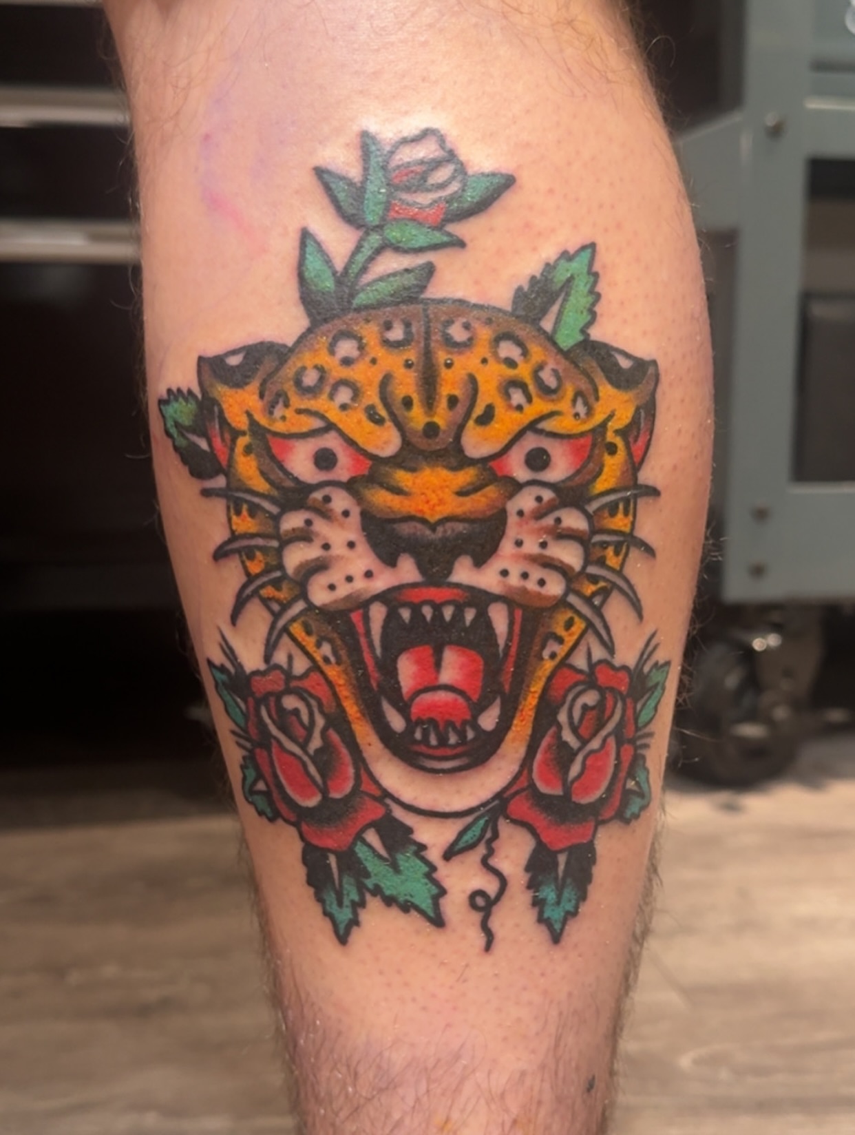 Roaring jaguar with roses American traditional tattoo on the forearm by Minneapolis
