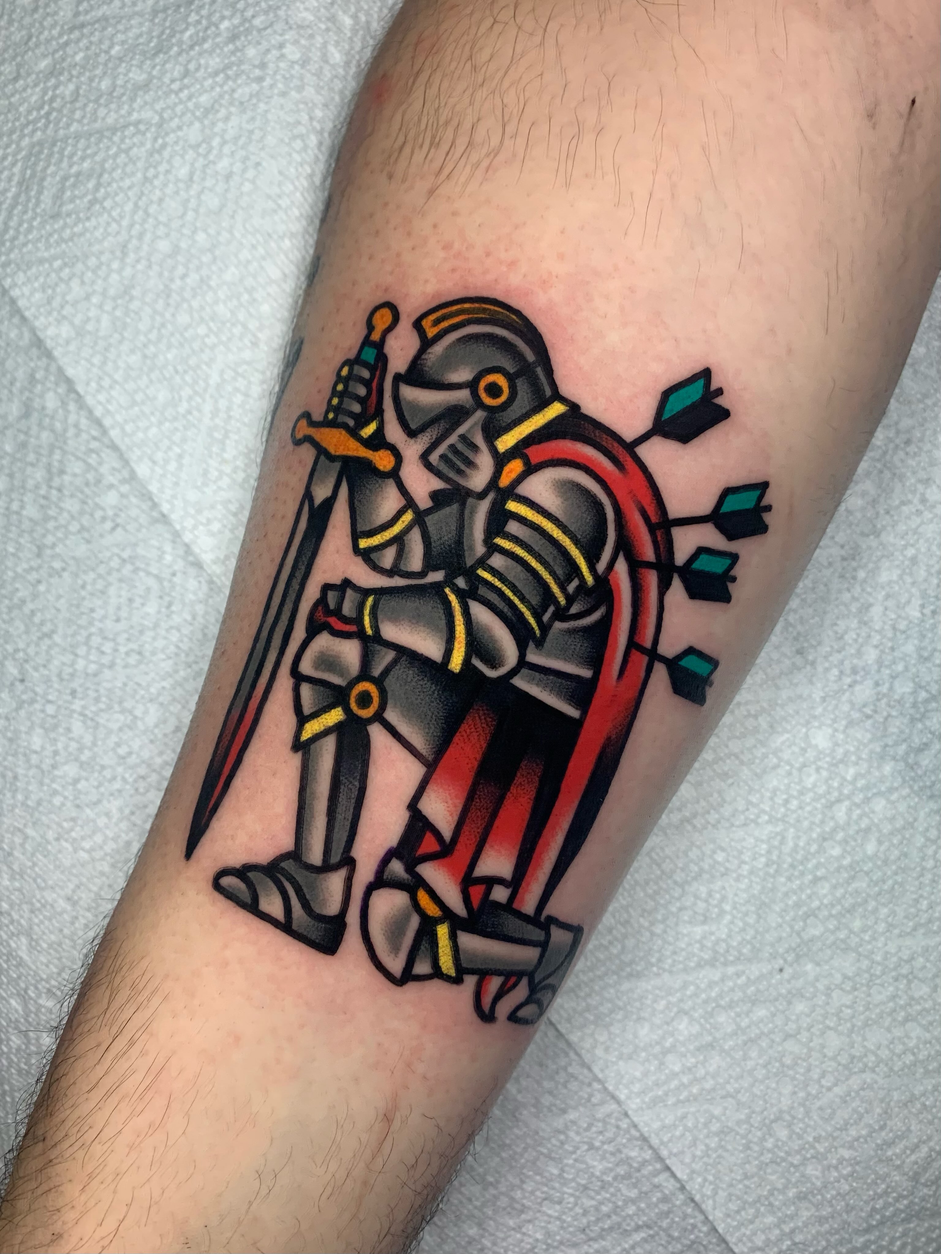 Medieval knight American traditional tattoo on the forearm by Shawn VanKirk