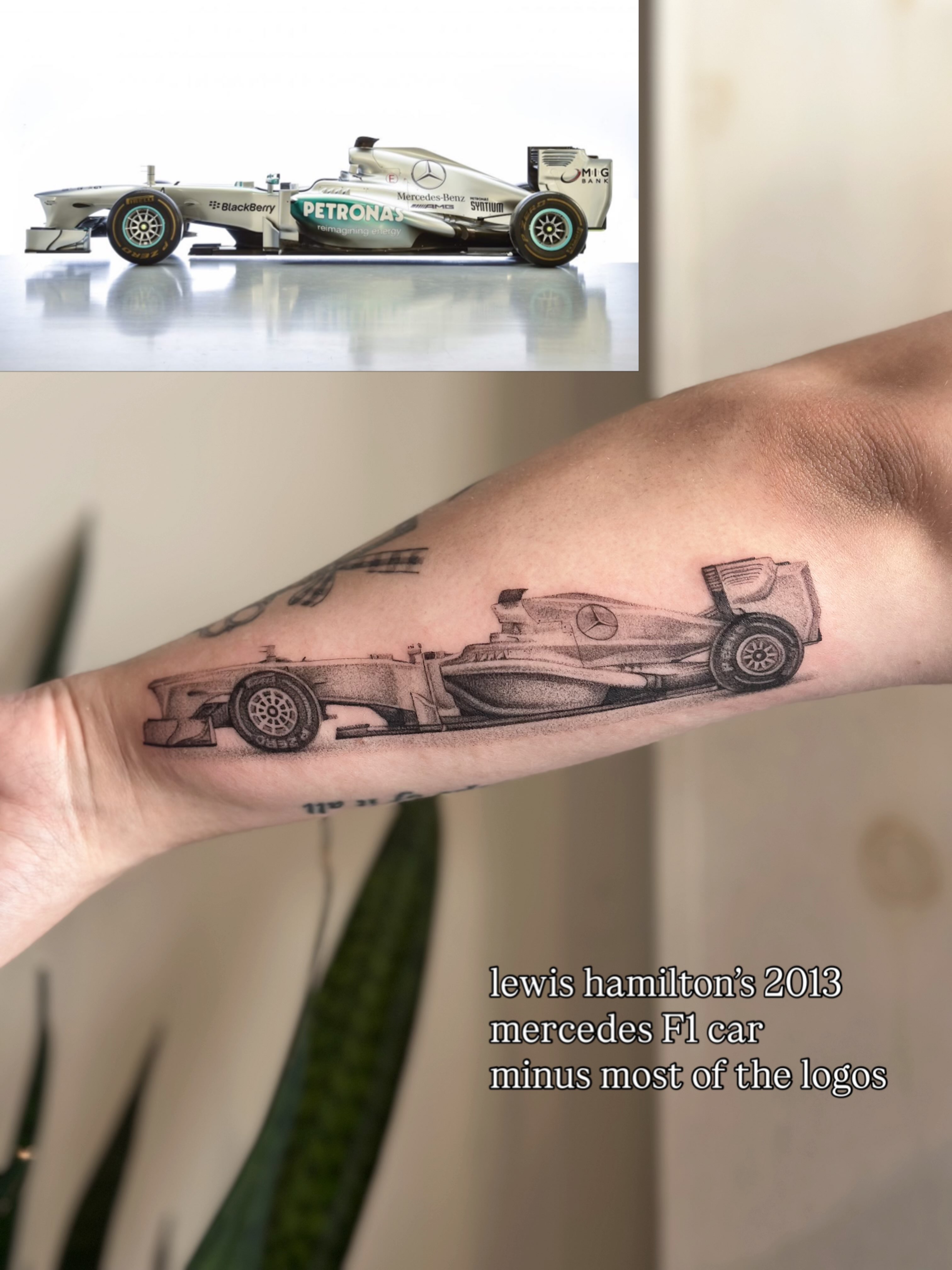 Formula 1 car dotwork tattoo on the forearm by sara scak, Lakewood, Ohio