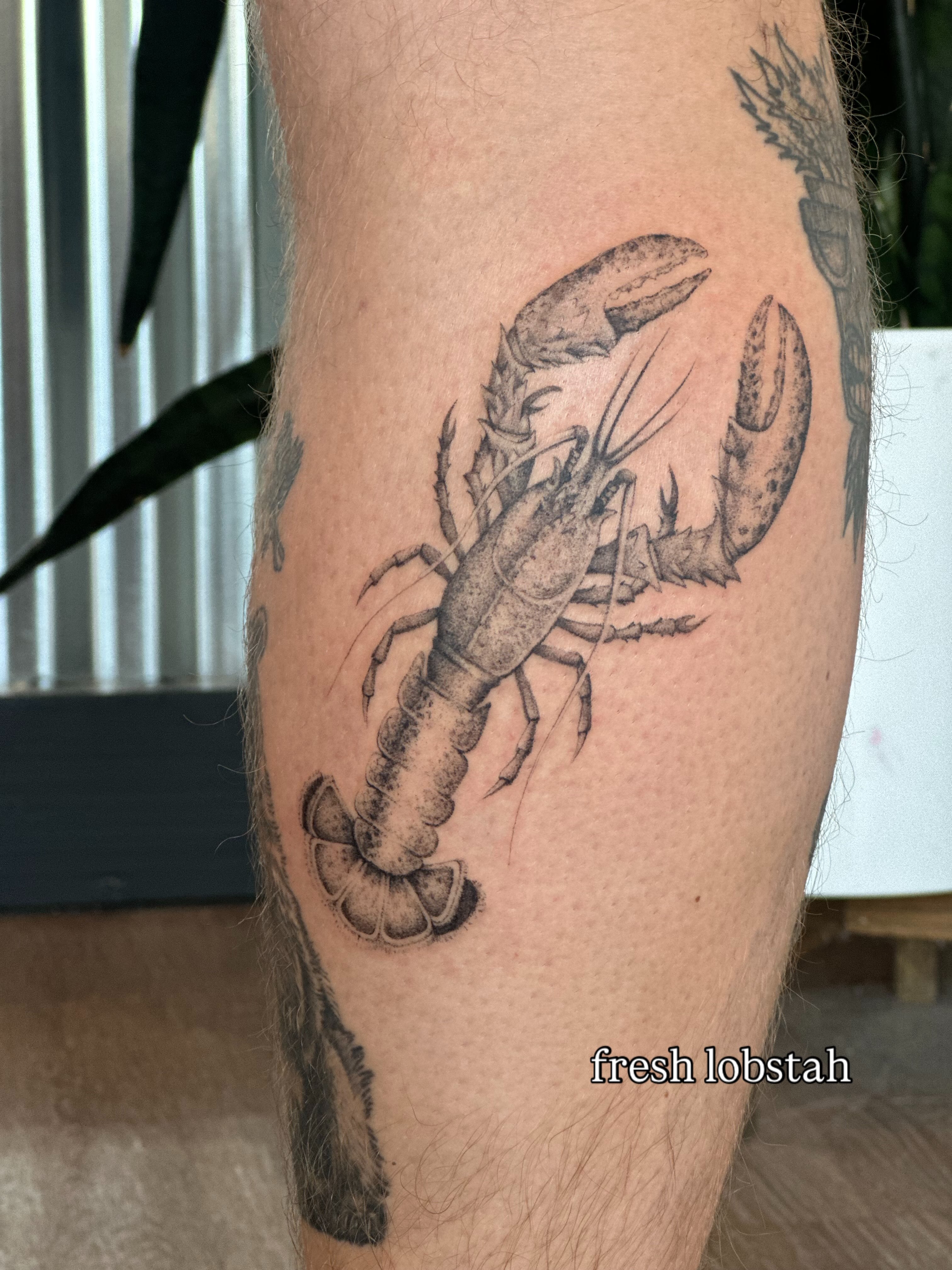 Lobster dotwork tattoo on the leg by sara scak, Lakewood, Ohio