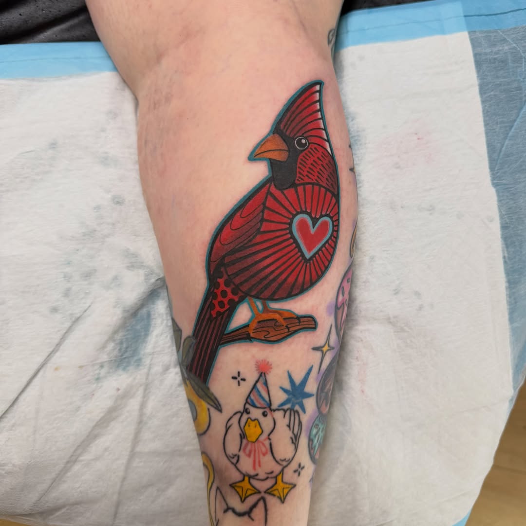 Cardinal bird American traditional tattoo on the forearm by Stvn Geyer, Urbandale, Iowa