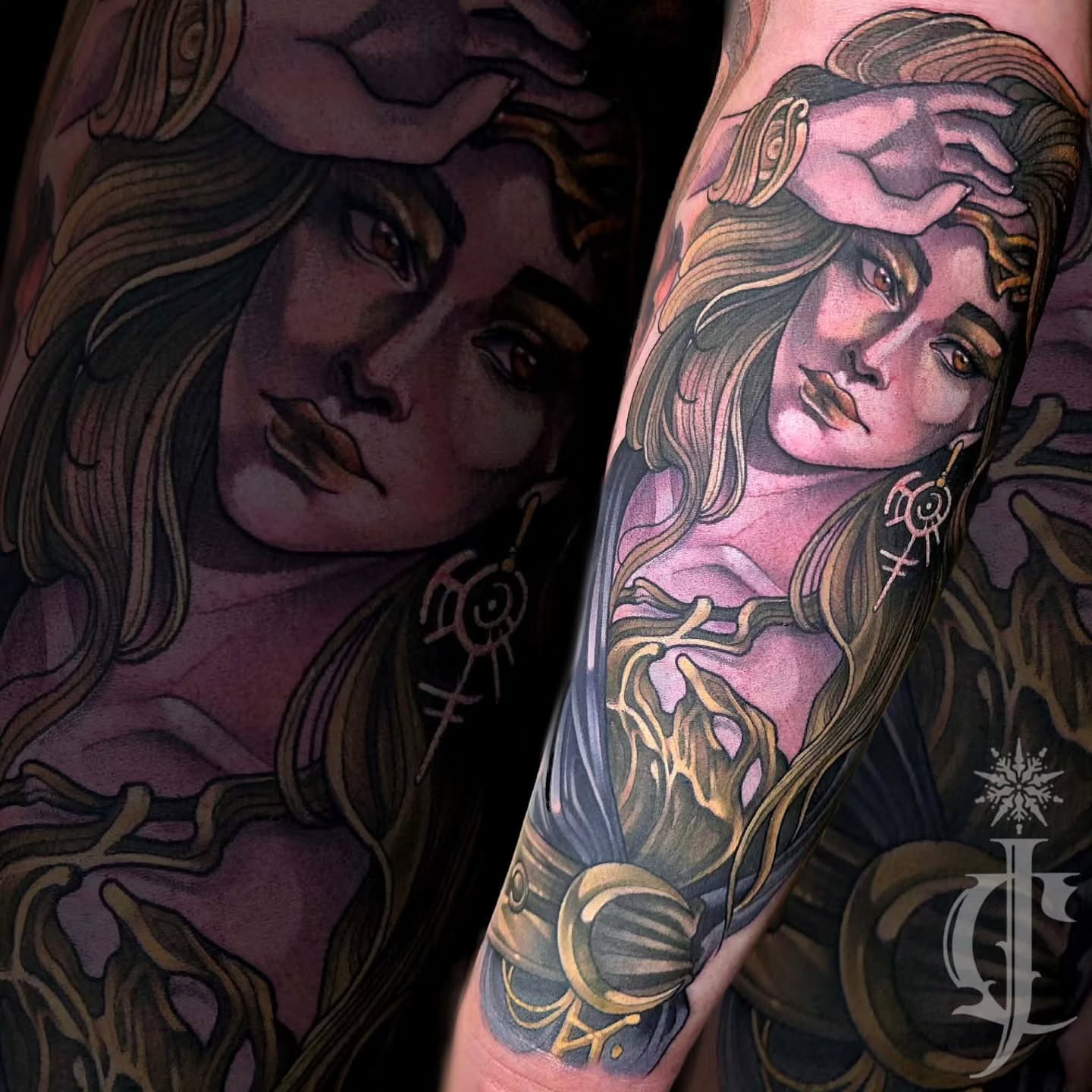 Woman with long hair realism tattoo on the forearm by Jessica Canvas