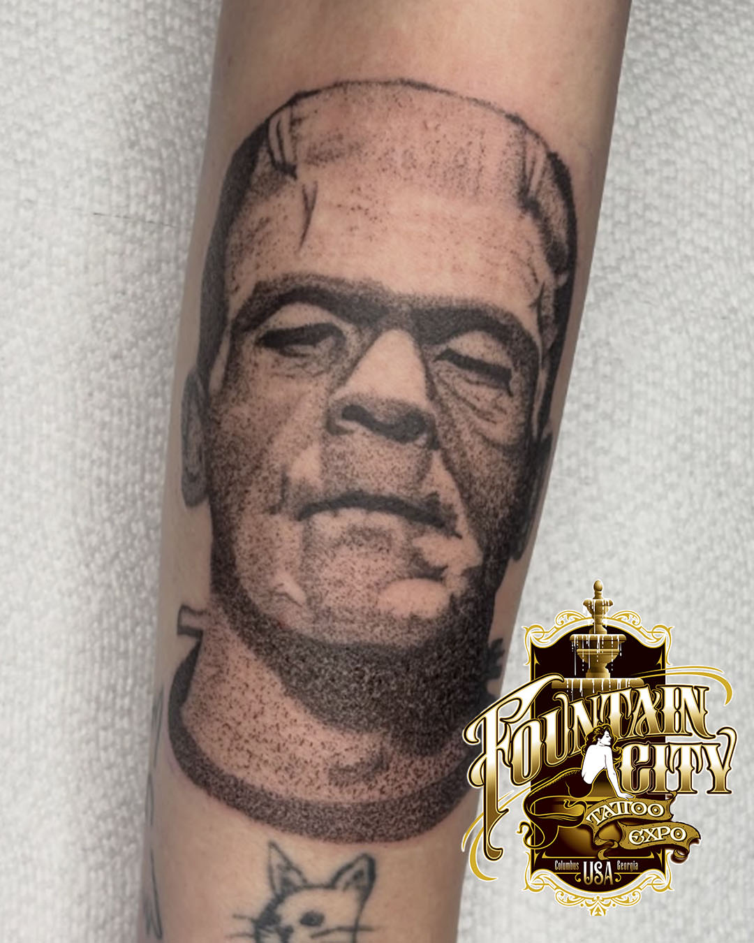 Frankenstein's monster dotwork tattoo on the forearm by kylie
