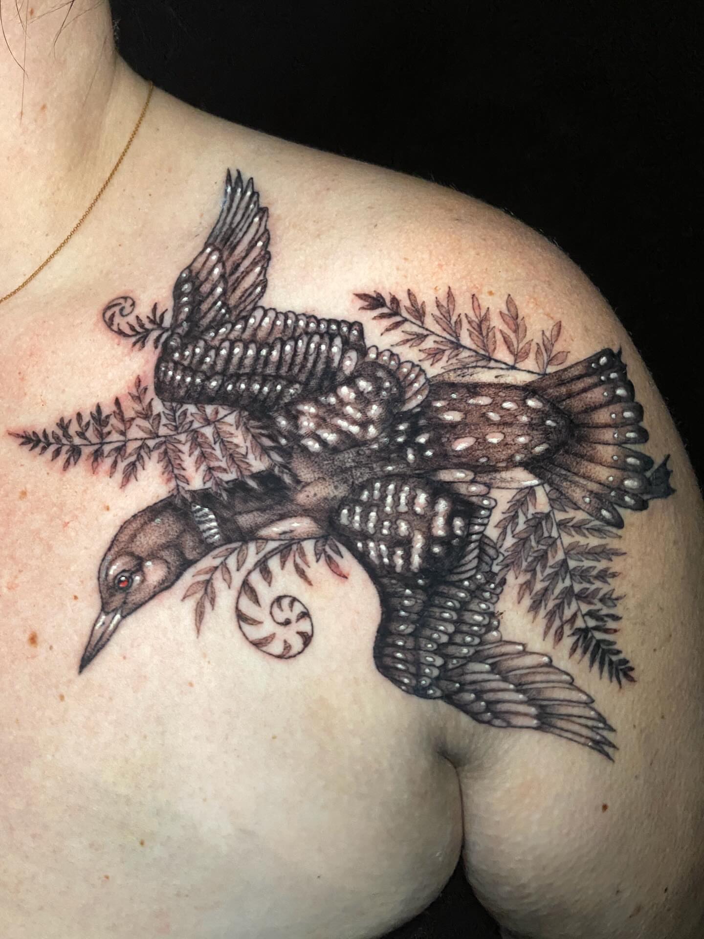 Bird with leaves dotwork tattoo on the shoulder by Dawn Carr, Richmond, Virginia