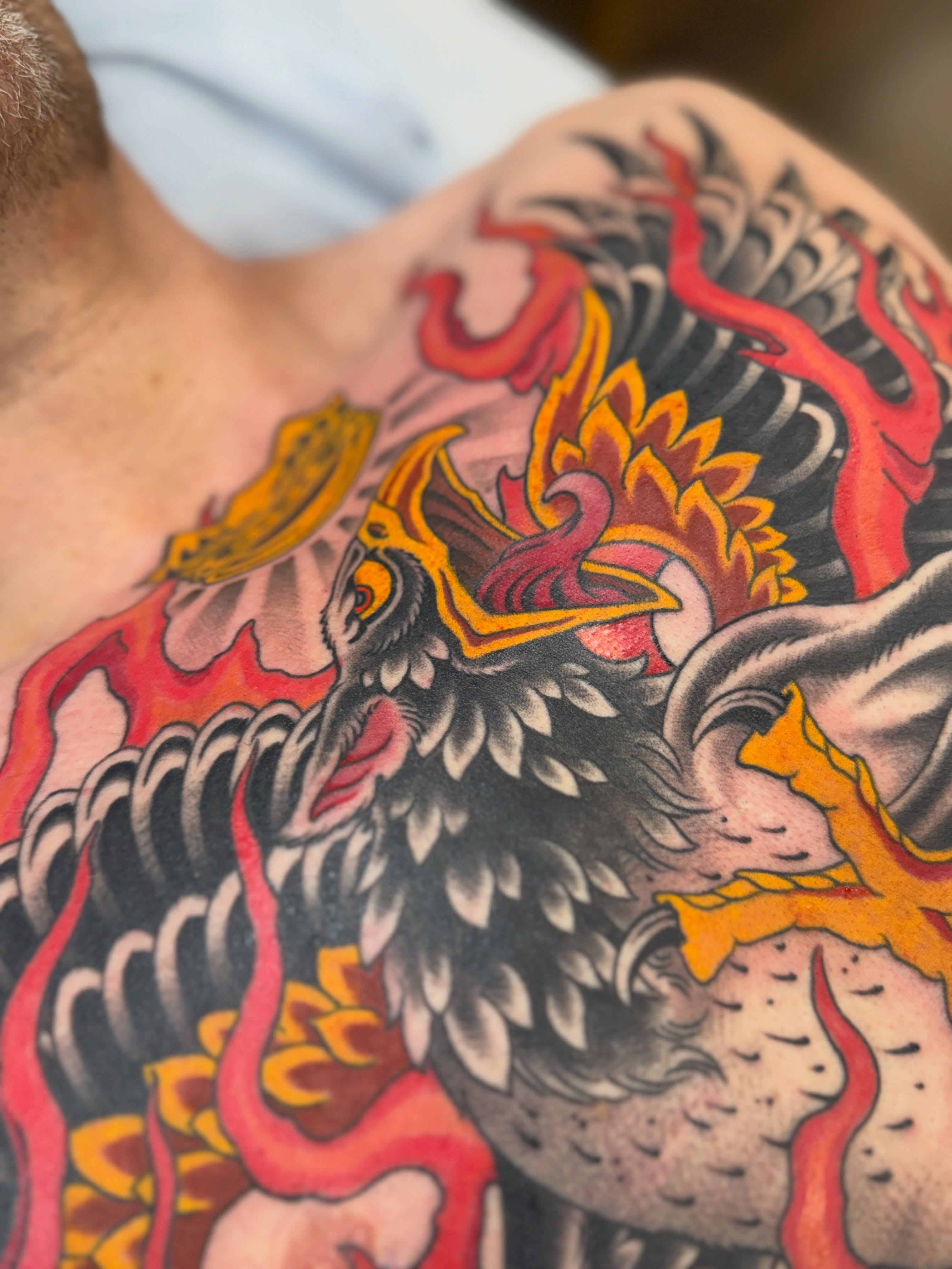 Phoenix American traditional tattoo on the shoulder by Christopher  Cousins, Nashville, Tennessee