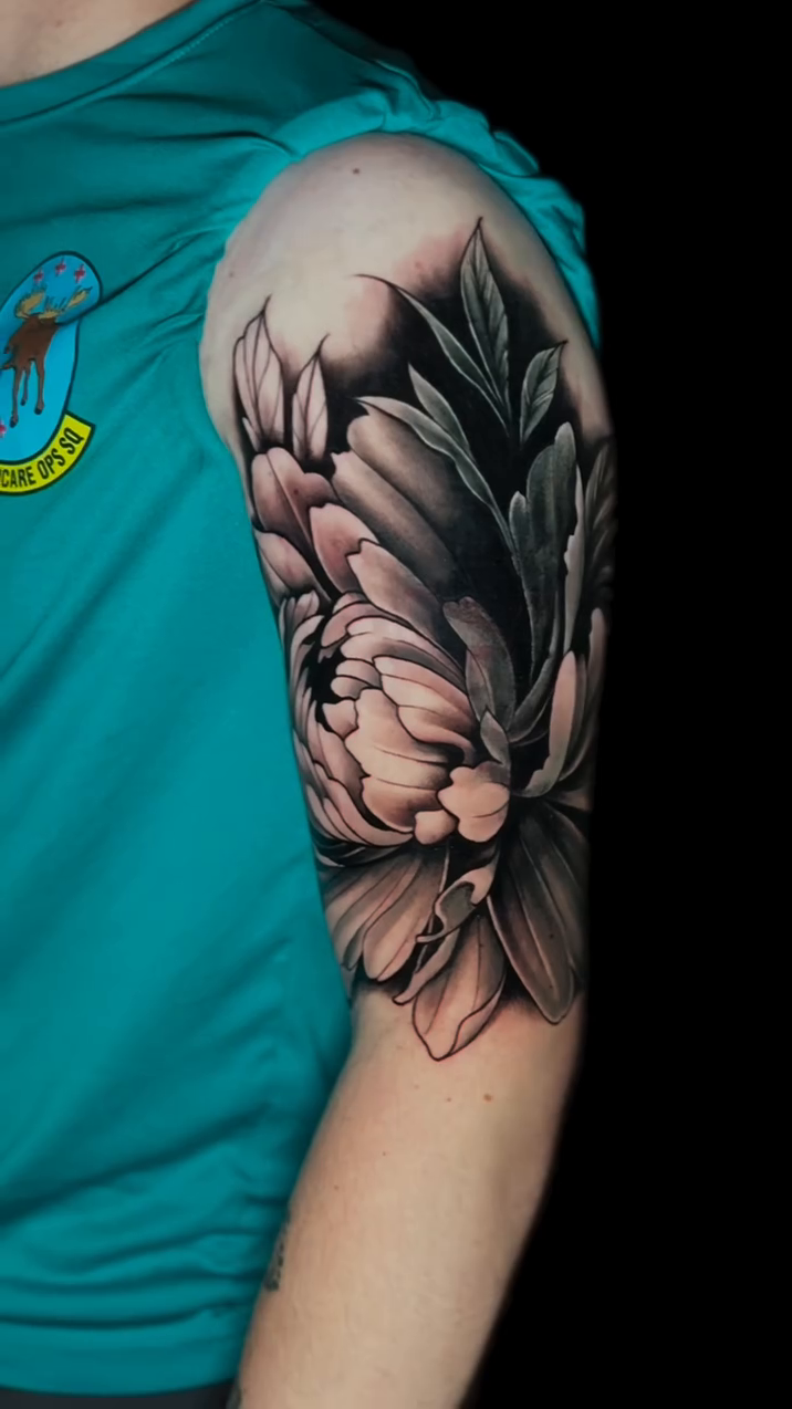 Peony and leaves sleeve realism tattoo by Georgianna Ink, Las Vegas, Nevada