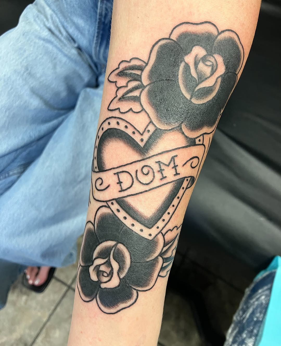 Rose and heart American traditional tattoo on the forearm by maddie mcghee, Memphis, Tennessee
