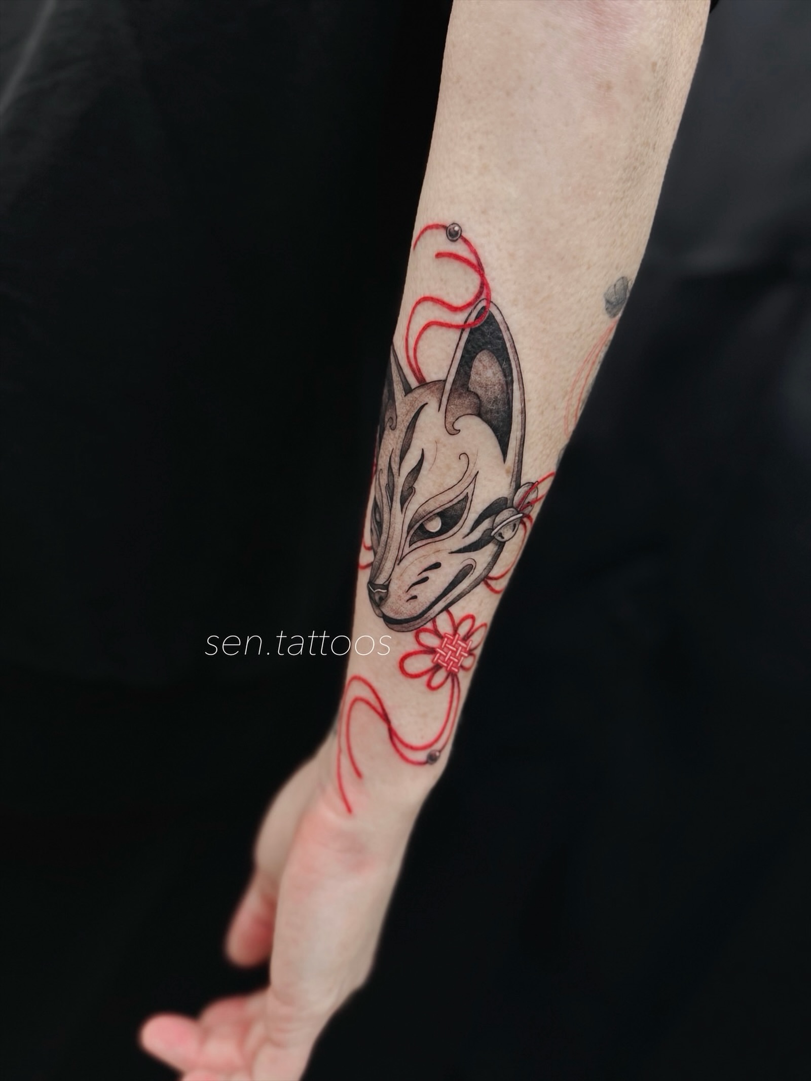 Fox mask japanese irezumi tattoo on the forearm by Sen Tattooer