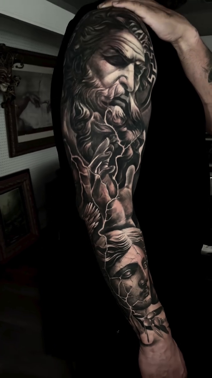 Greek mythology figures realism tattoo by Charlie Soto