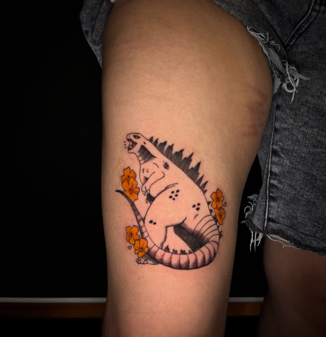 Dinosaur with flowers dotwork tattoo on the thigh by ๐ฎ๐๐๐๐๐๐ ๐ฝ๐๐ โ