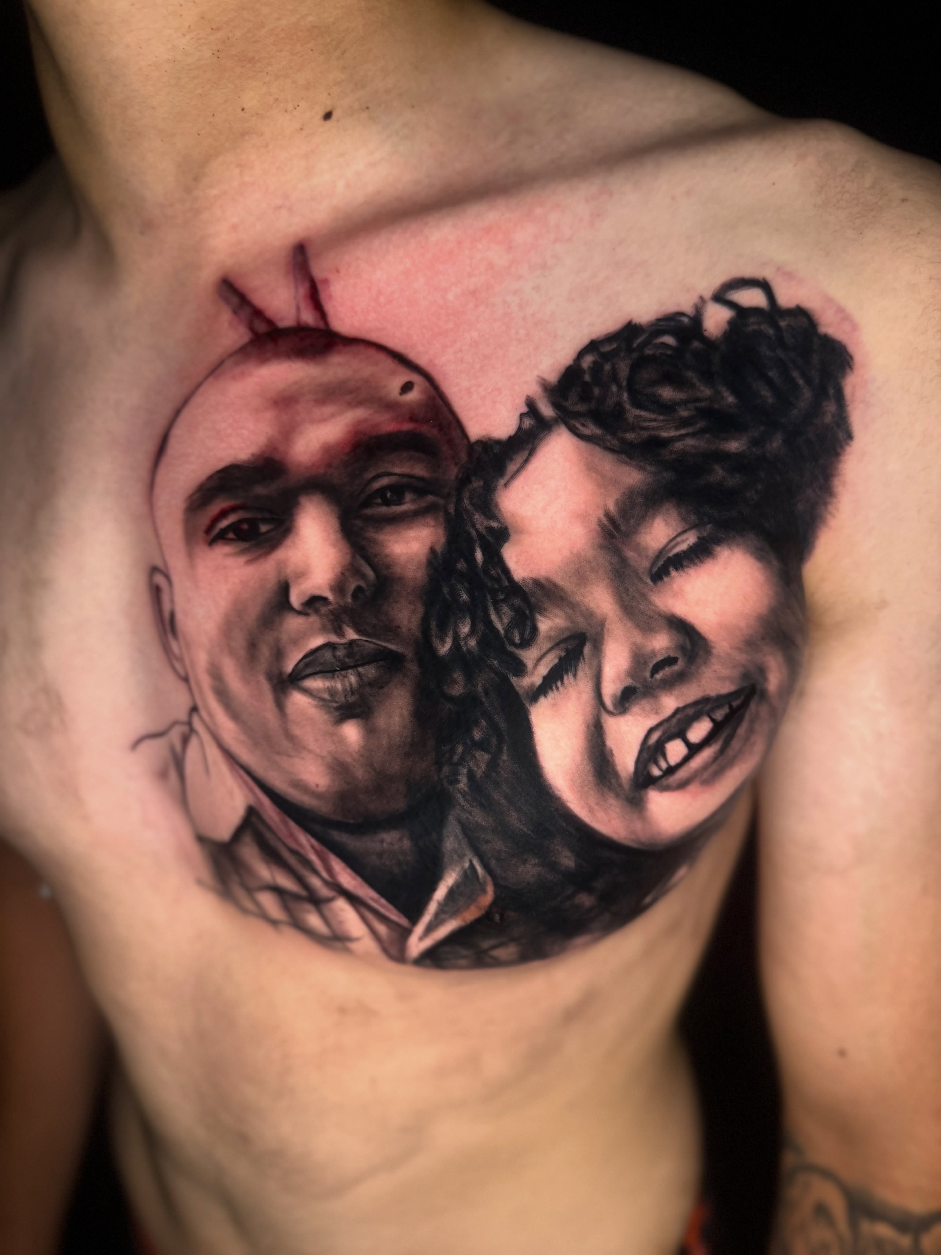 Portrait realism tattoo on the chest by Dallas Tattoo Artist📍