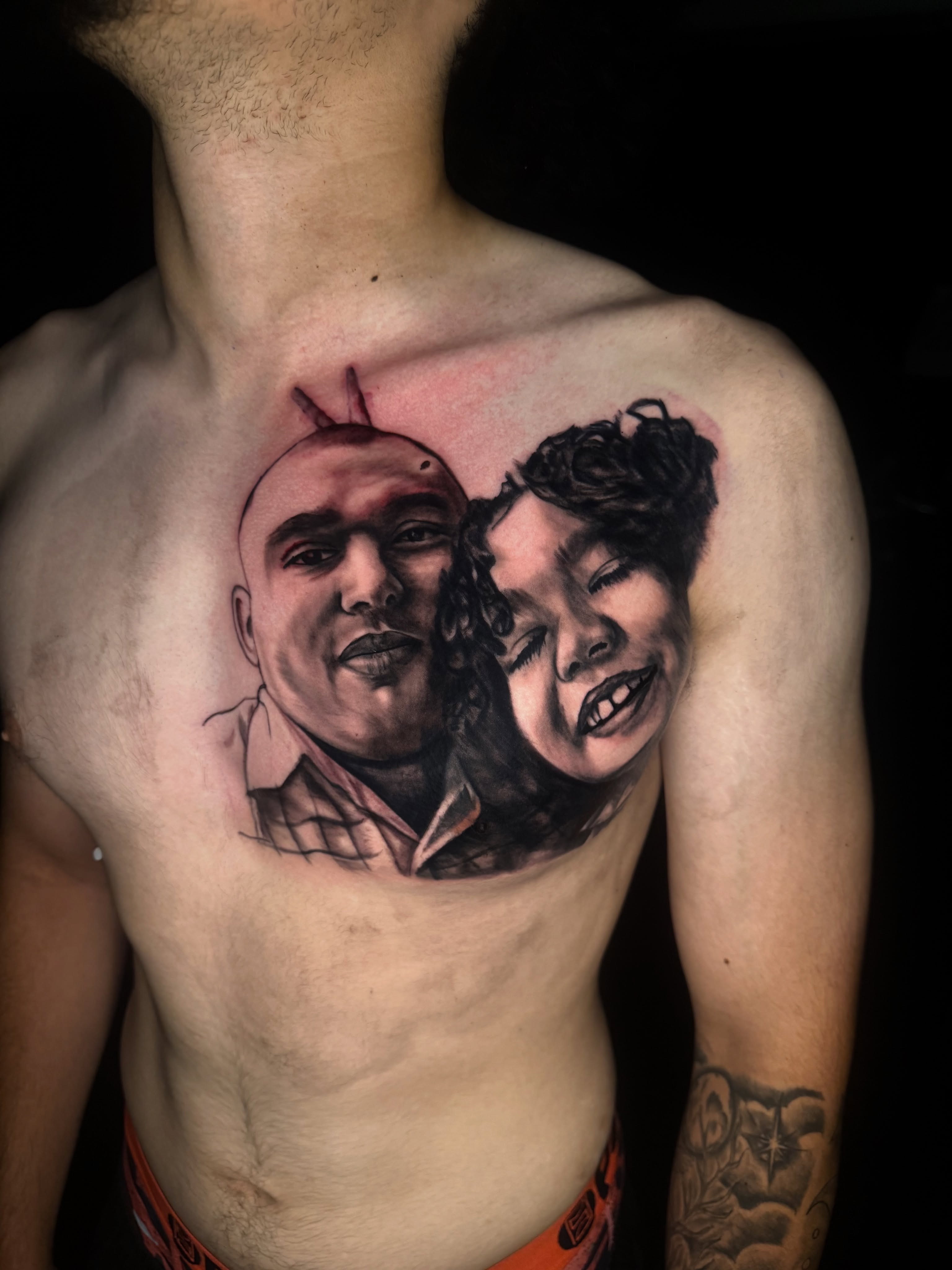 Portrait realism tattoo on the chest by Dallas Tattoo Artist📍