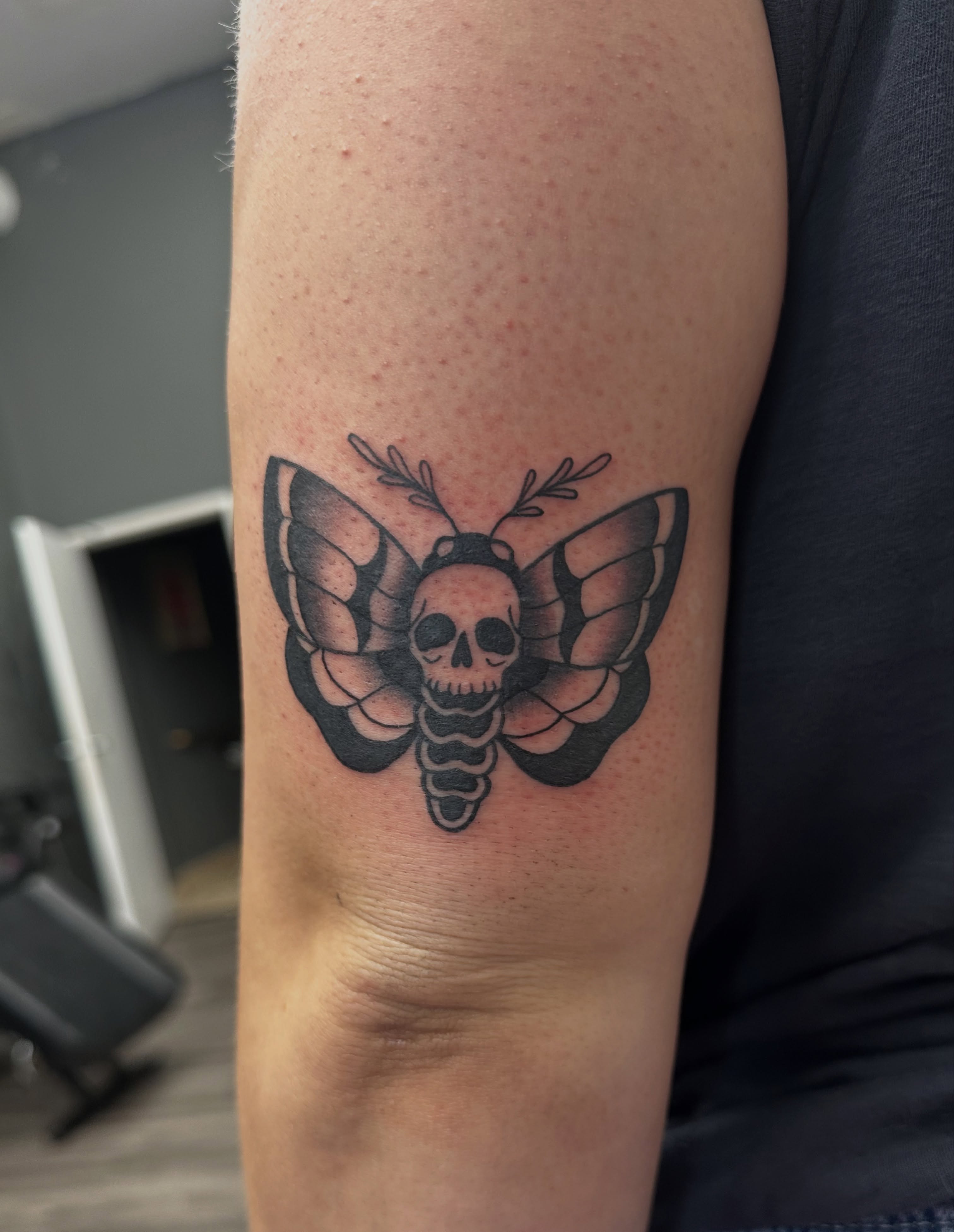 Skull moth black and grey tattoo on the forearm by Ash Nicole Painterly, San Diego, California