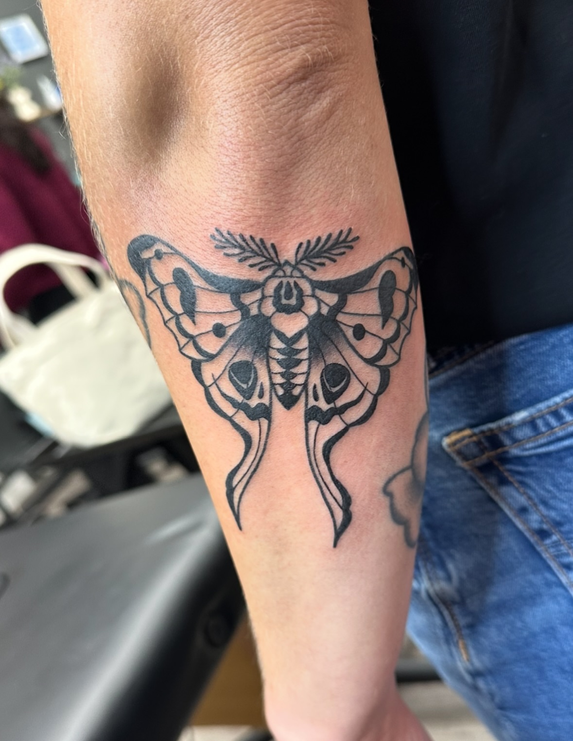 Moth black and grey tattoo on the forearm by Ash Nicole Painterly, San Diego, California