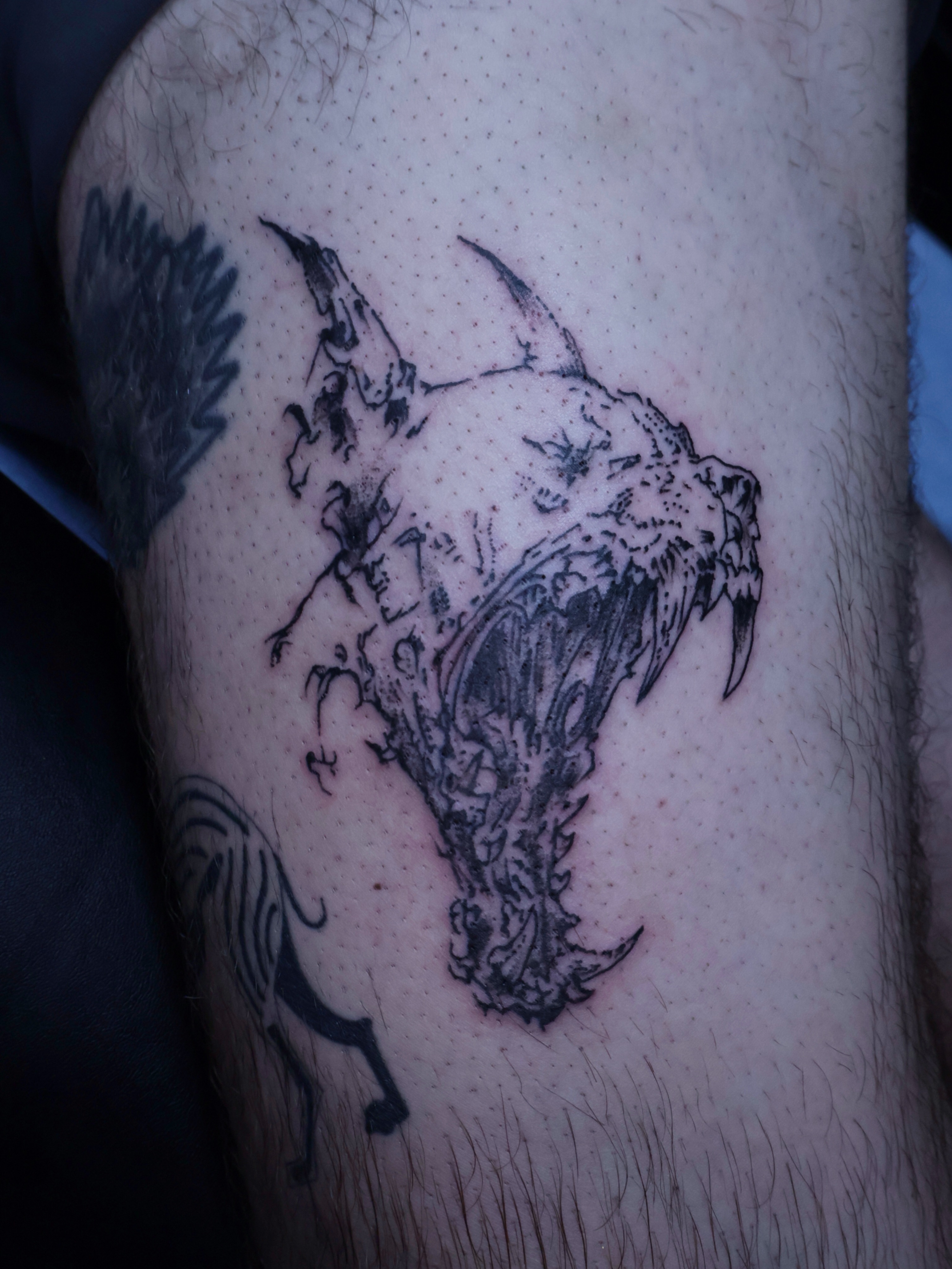 Demon dotwork tattoo on the thigh by Denis Du Preez, East Williamsburg, Brooklyn