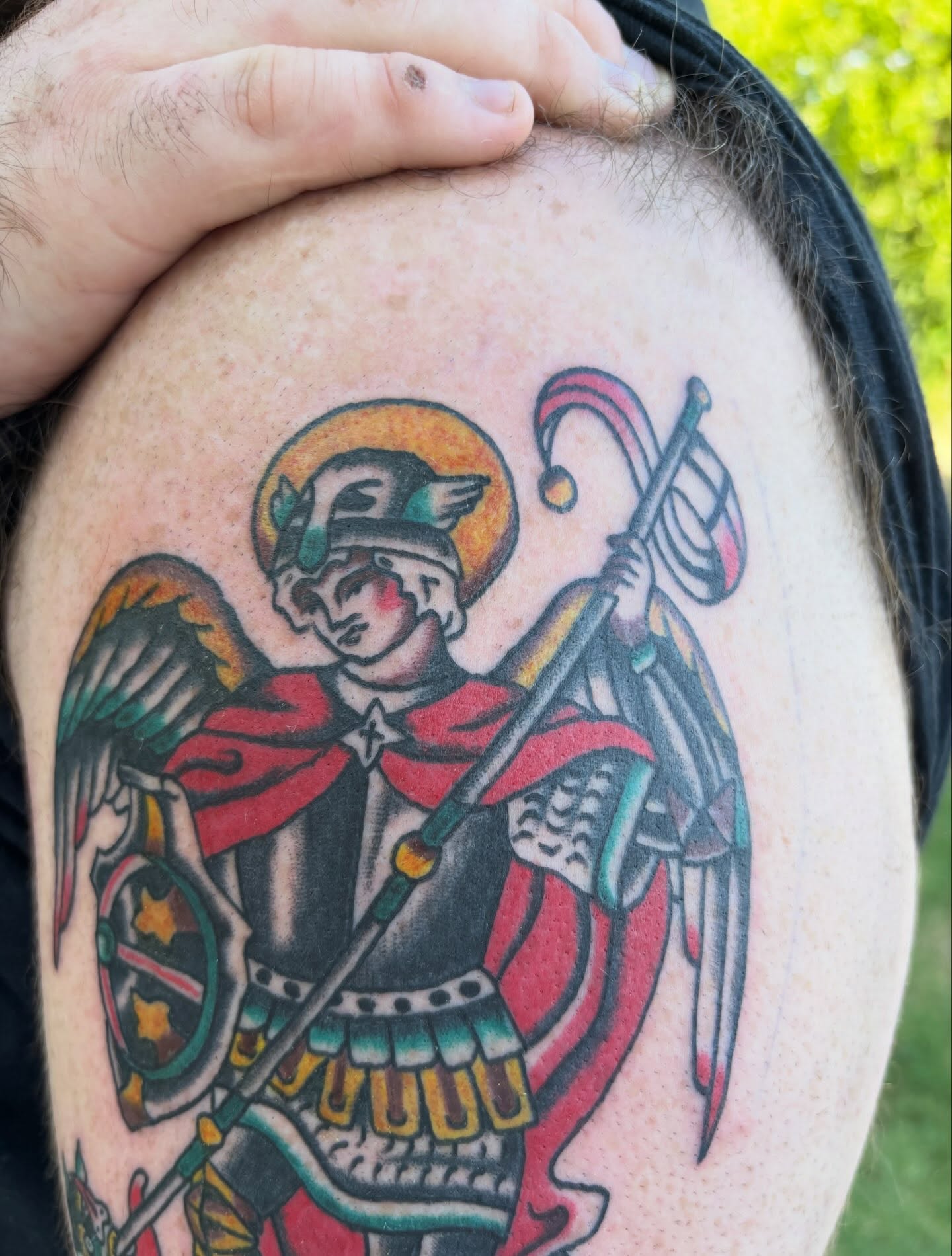 Angelic warrior American traditional tattoo on the shoulder by Ethan Ellis, Dallas, Texas