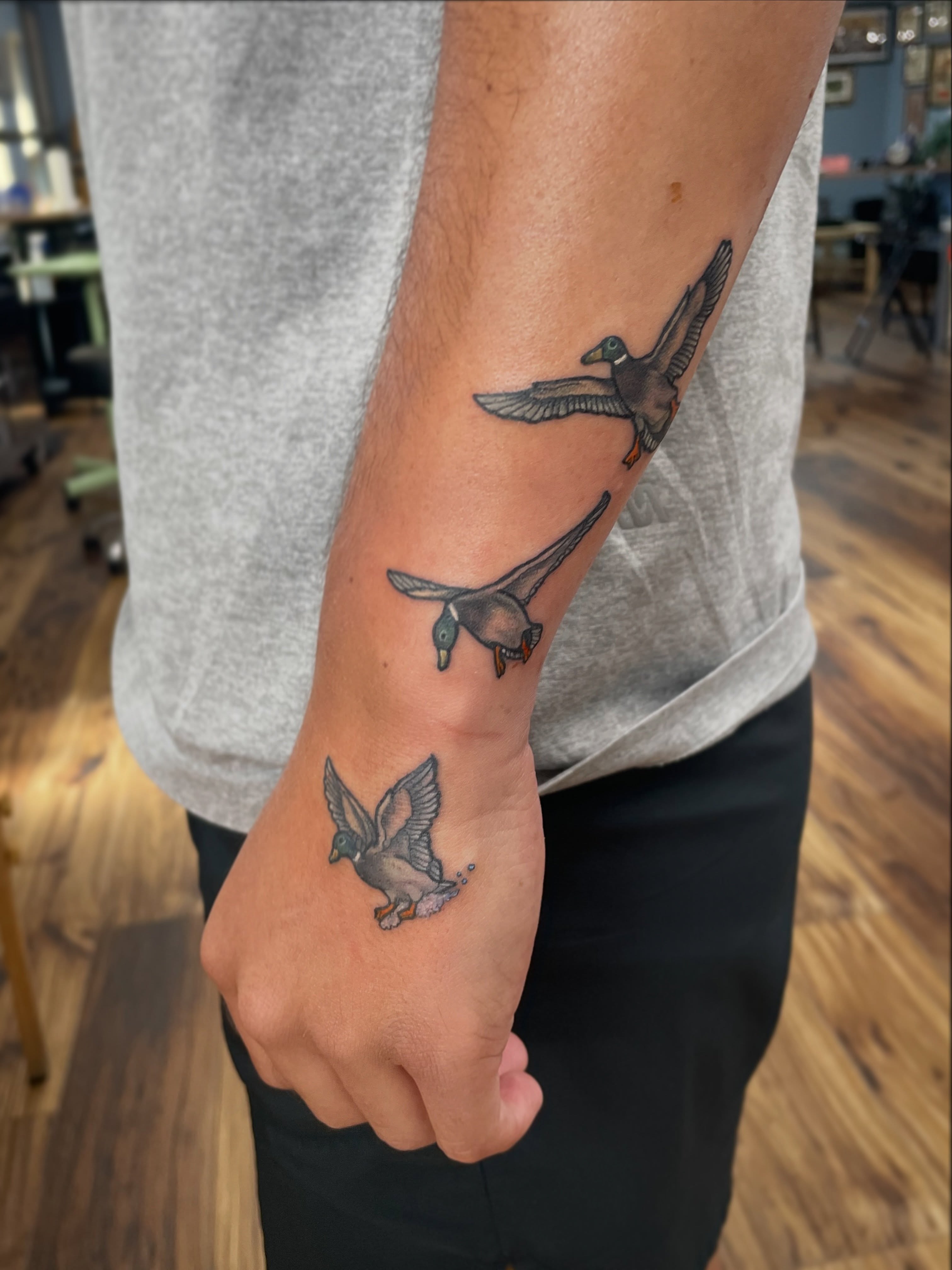 Ducks in flight realism tattoo on the forearm by πΌπ
ππΎπππππ