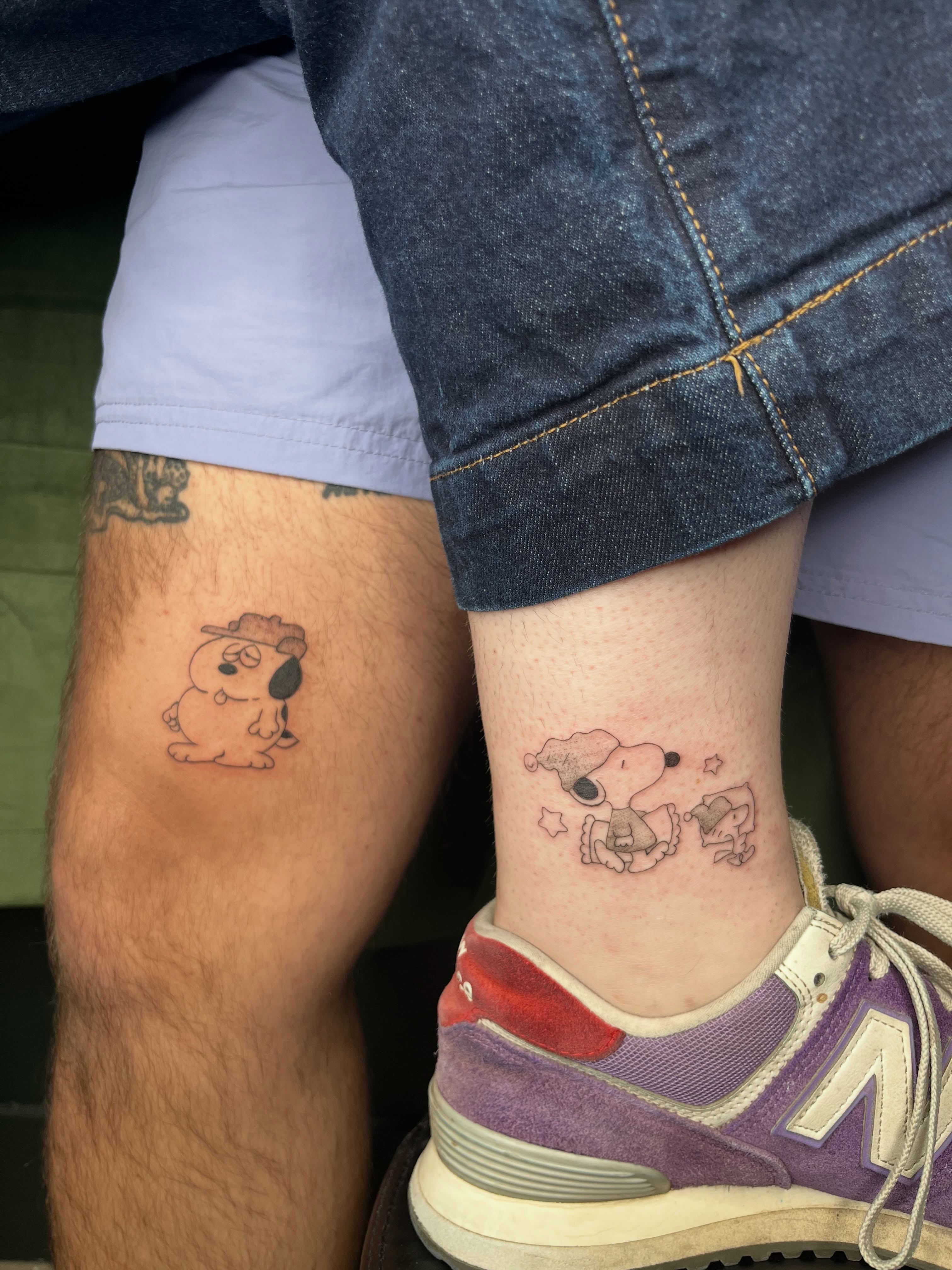 Snoopy and Woodstock dotwork tattoo on the calf by Kyra Monterrosa