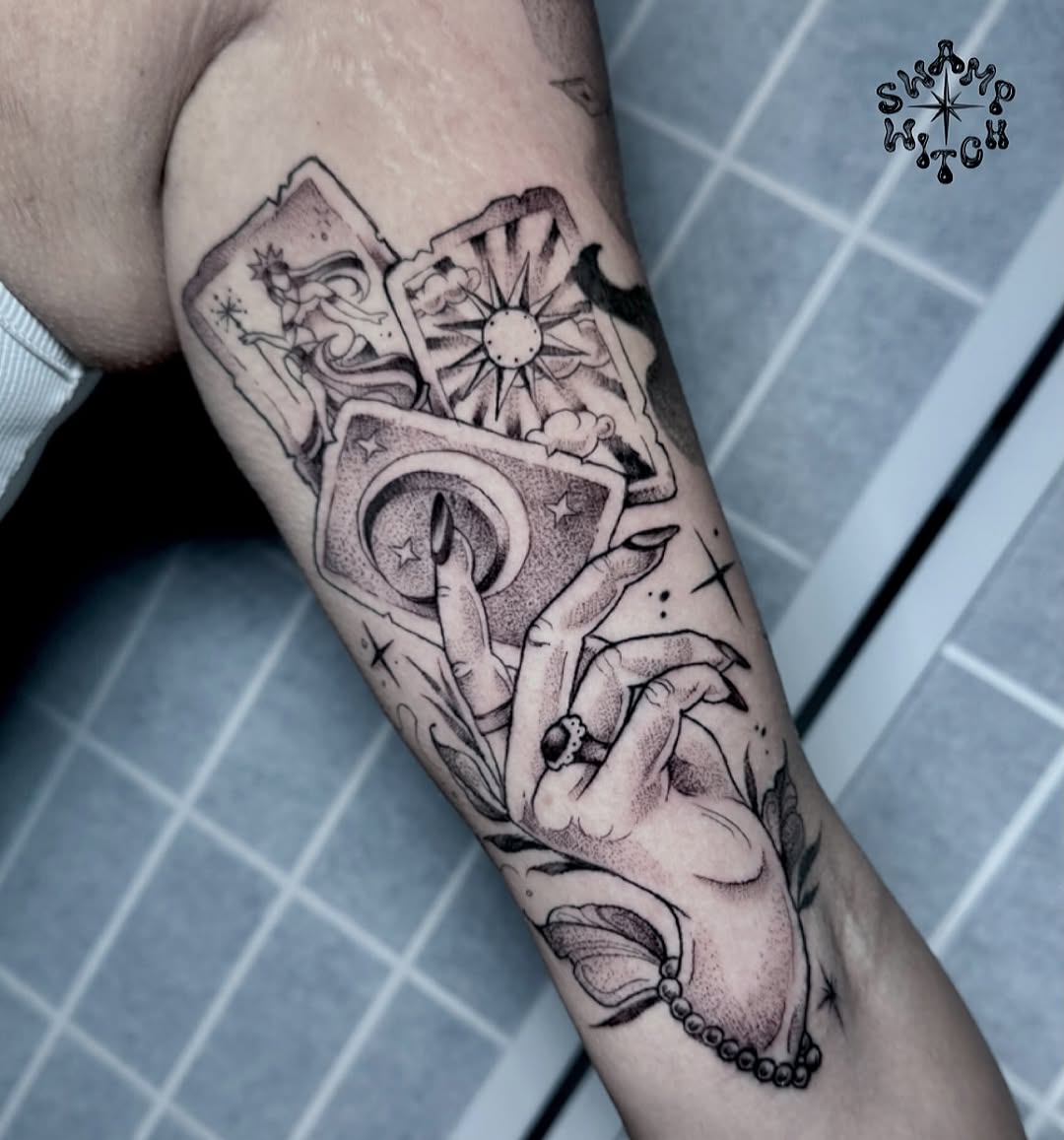 Tattoo by @swamp.witch.tattoos โ black_and_grey, dotwork