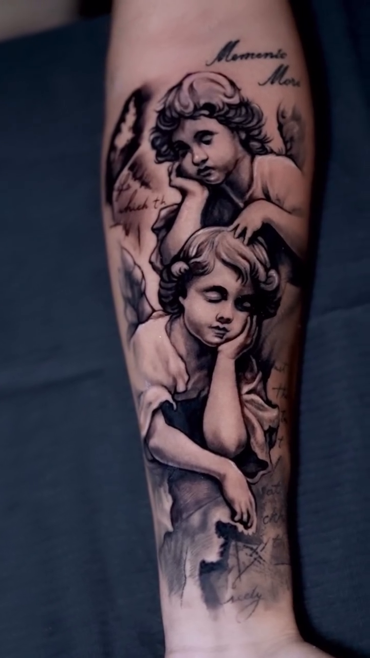 Cherubs realism tattoo by Kiefer Fonseca