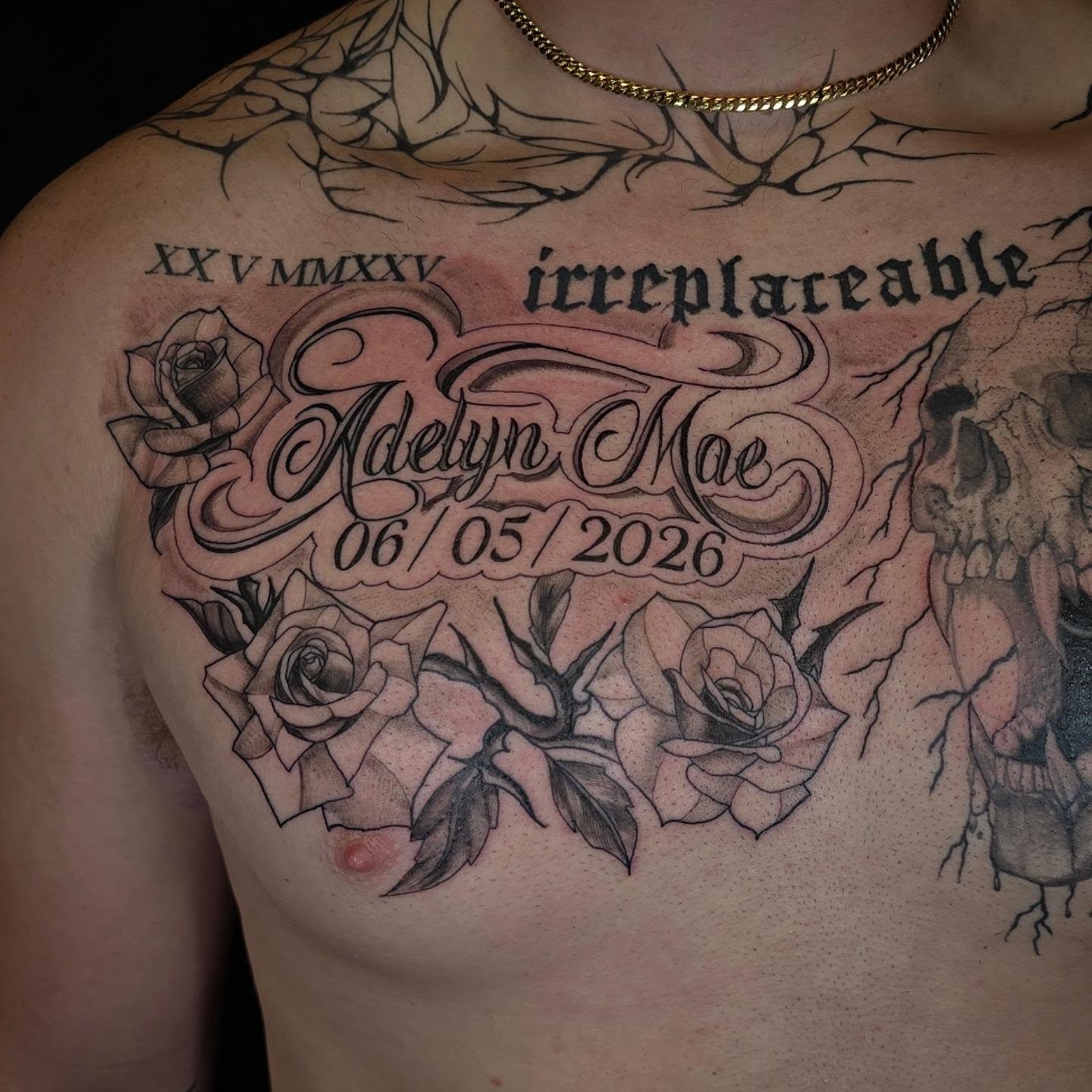 Irreplaceable black and grey tattoo on the chest by Linda Marroum, Morningside, Maryland