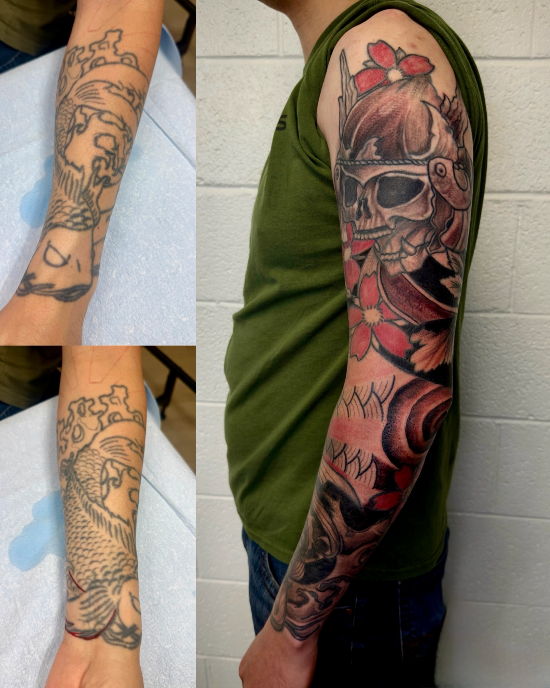 Samurai skull with flowers japanese irezumi tattoo on the forearm by Caloy Obra