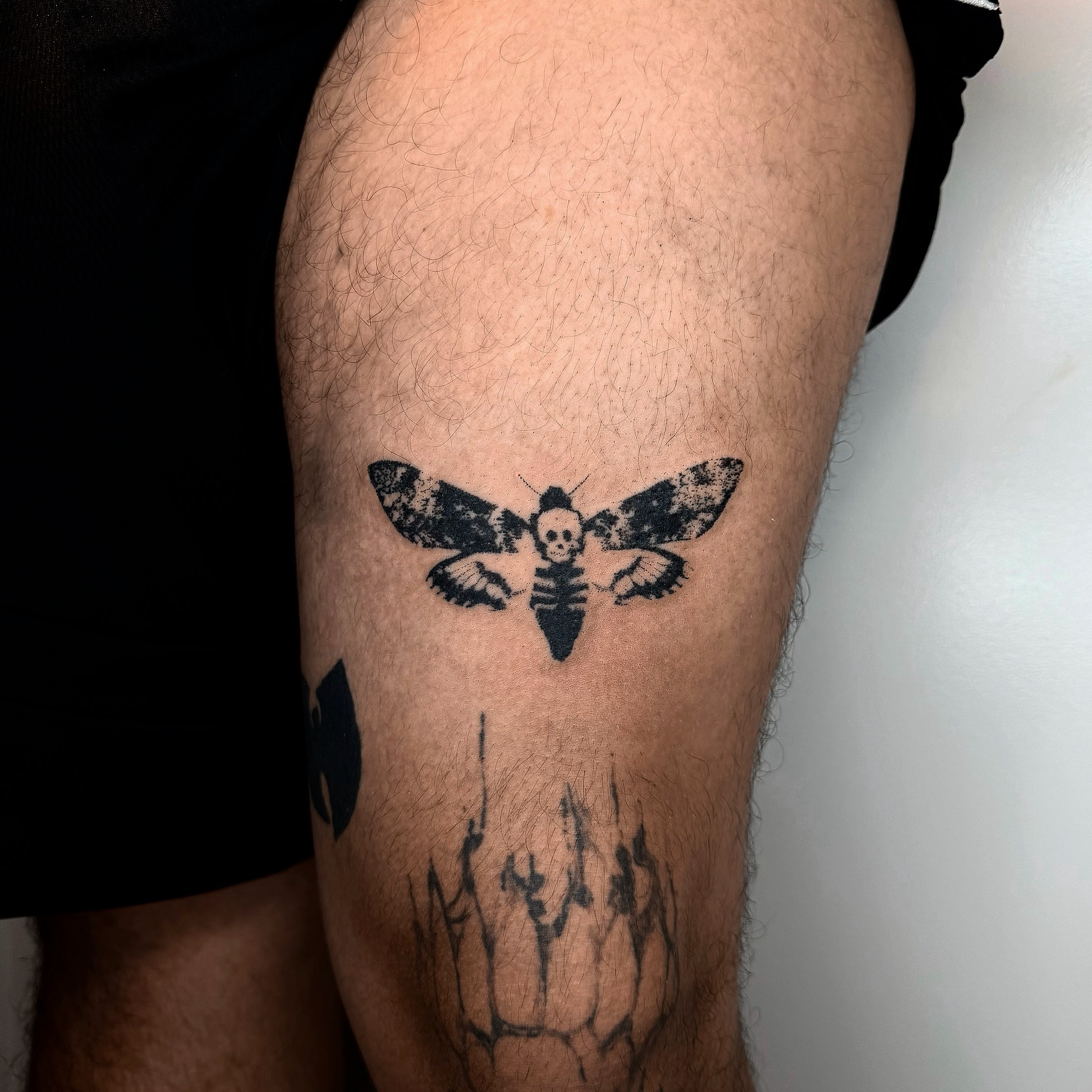 Moth black and grey tattoo on the thigh by Javier  Darder 𓃭𓀠✬✹☄︎❁☠︎³³