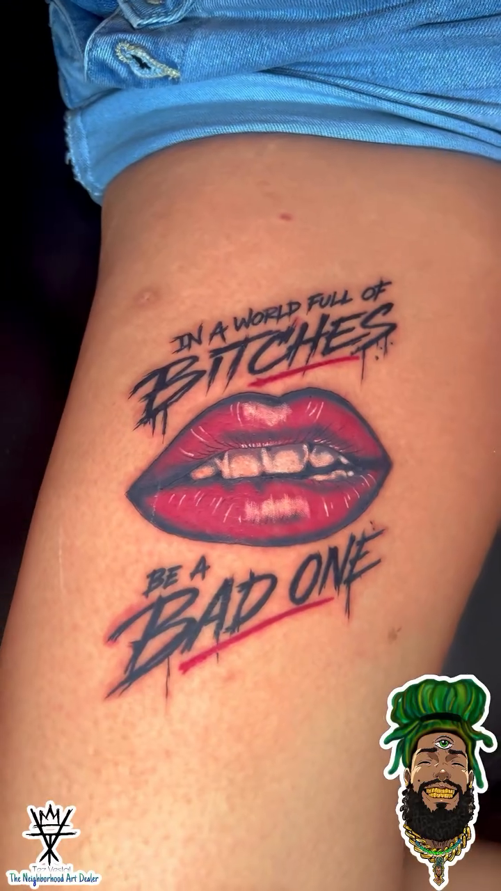 Lips with text neo-traditional tattoo on the upper arm by The Neighborhood Art Dealer™️