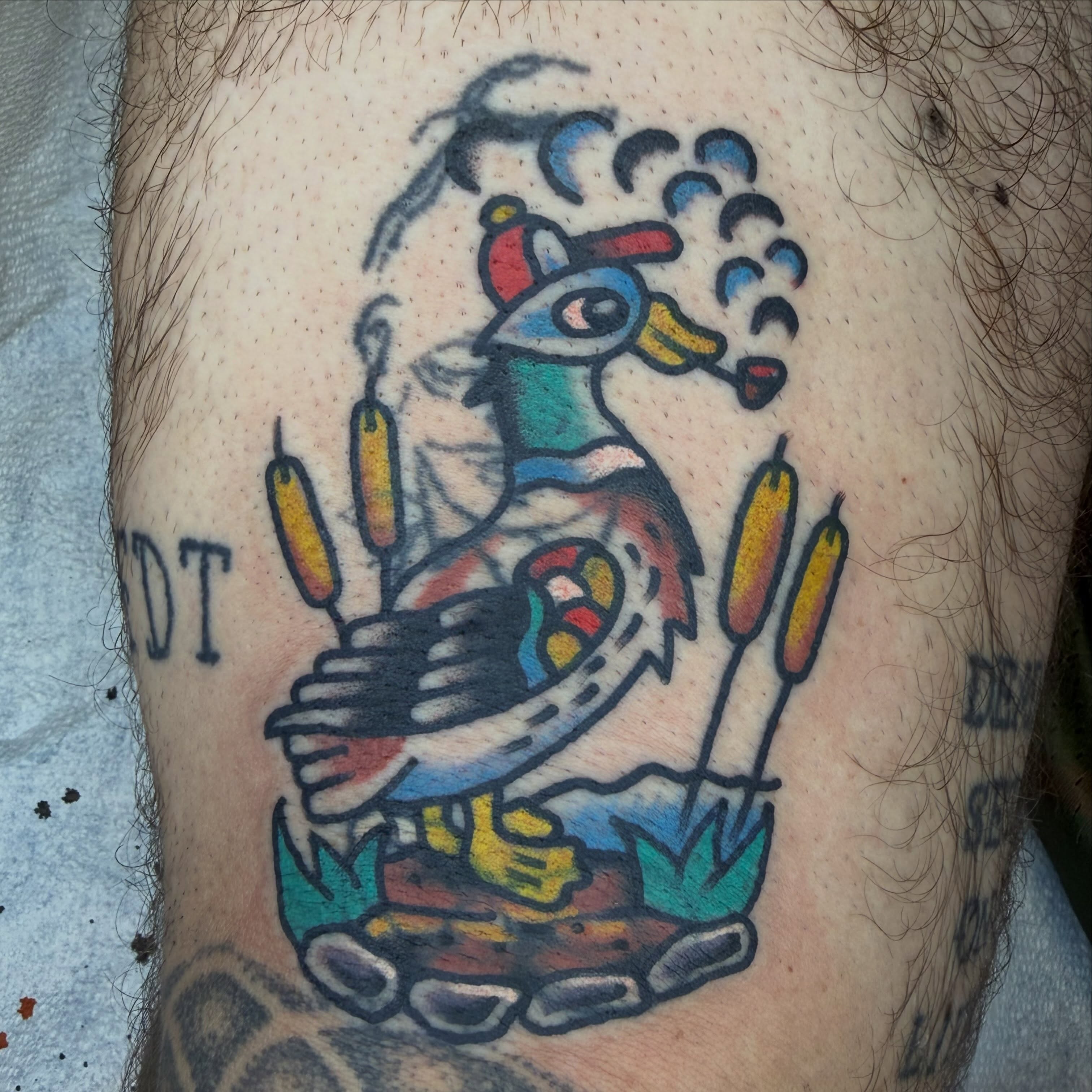 Reindeer grilling American traditional tattoo on the thigh by Tyler