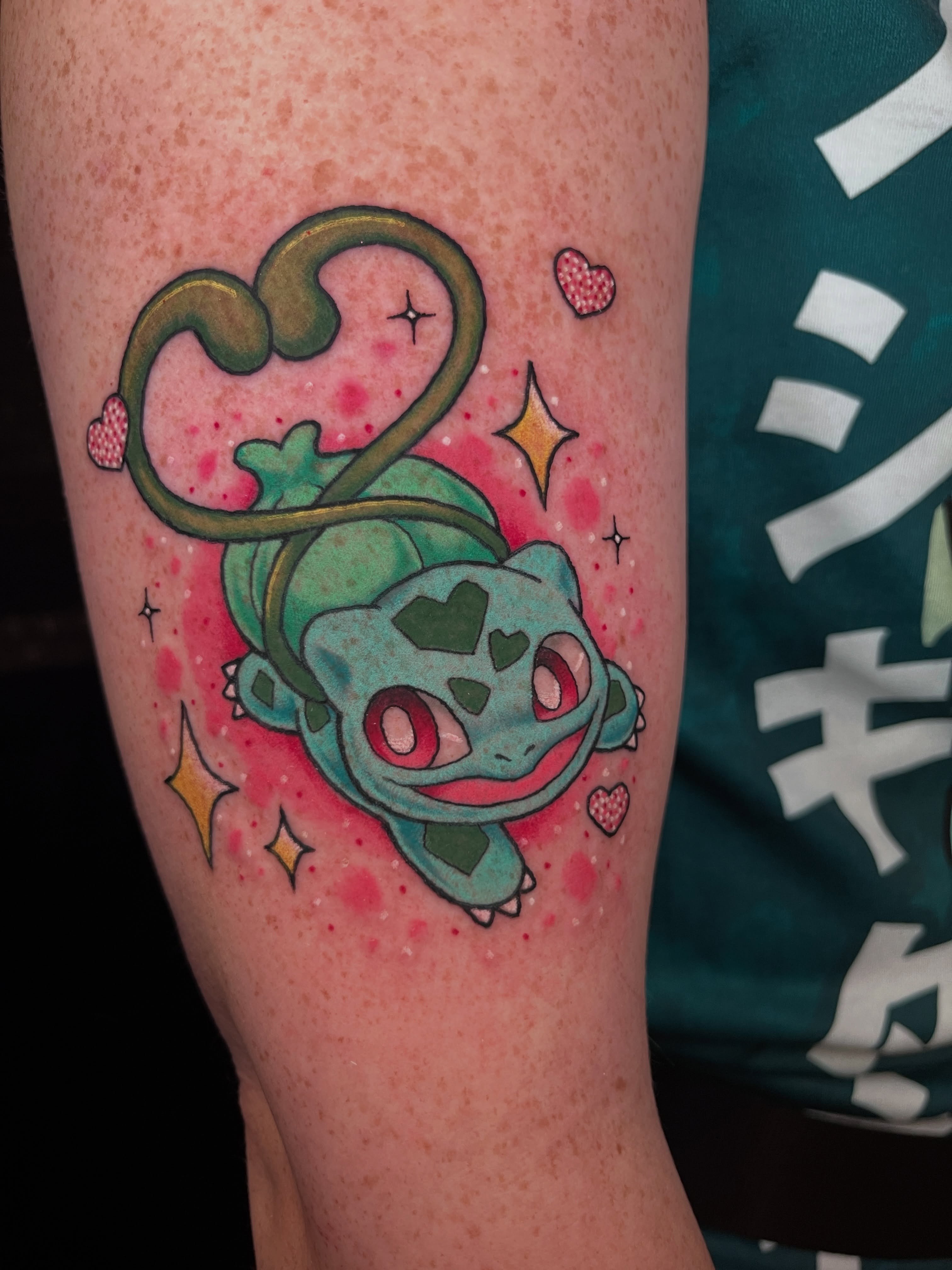 Bulbasaur dotwork tattoo on the forearm by Cheyanne Peck