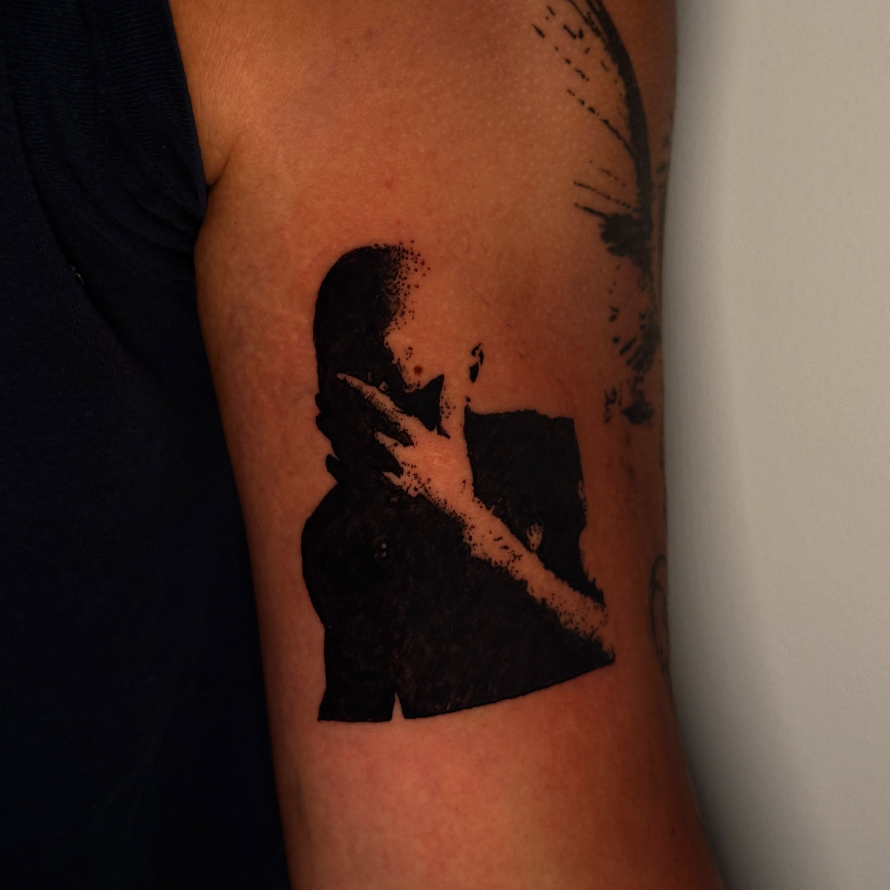 Silhouette of woman dotwork tattoo on the forearm by ink by kimmy ☾⋆⁺₊⋆