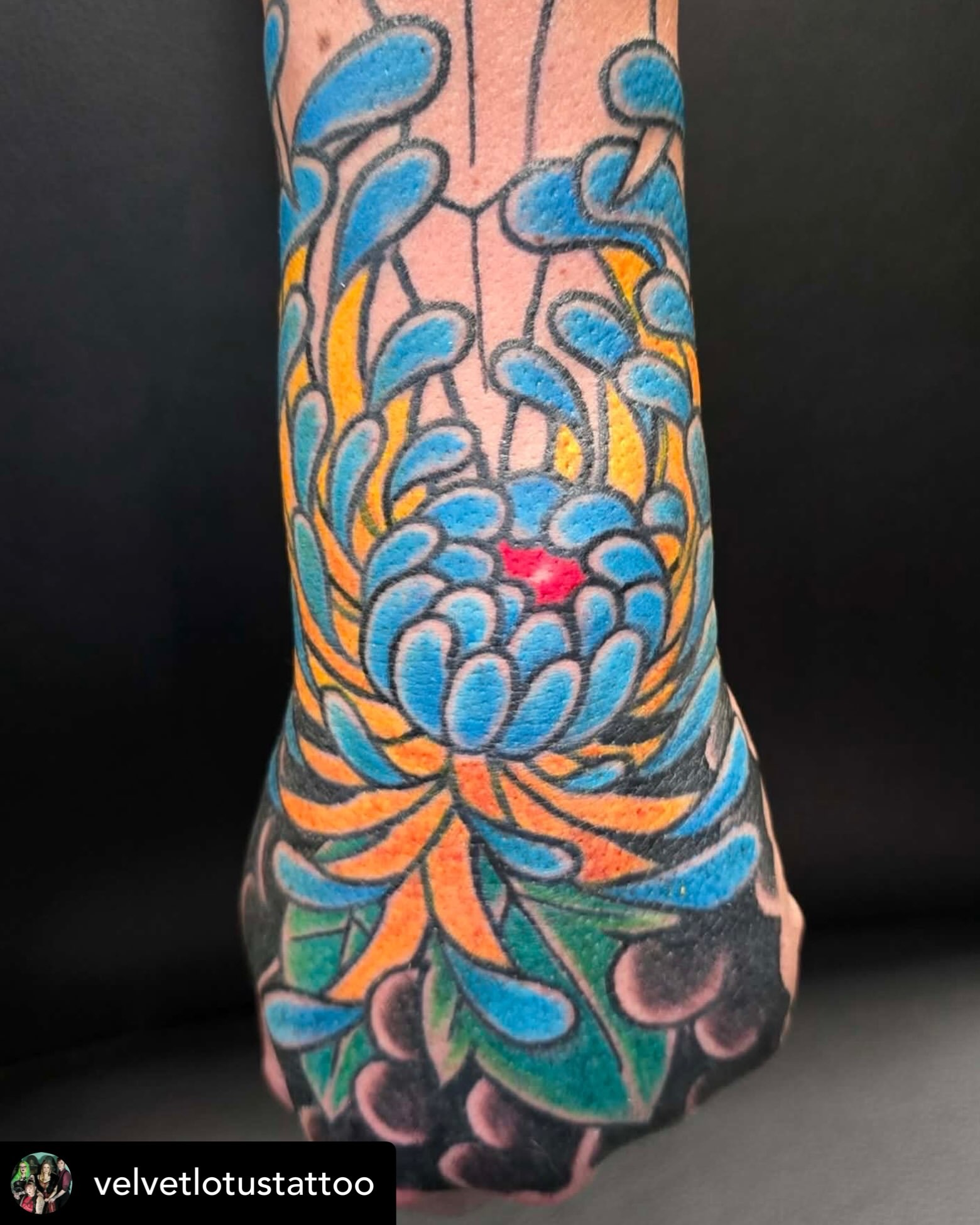Chrysanthemum American traditional tattoo on the forearm by Michelle Balhan