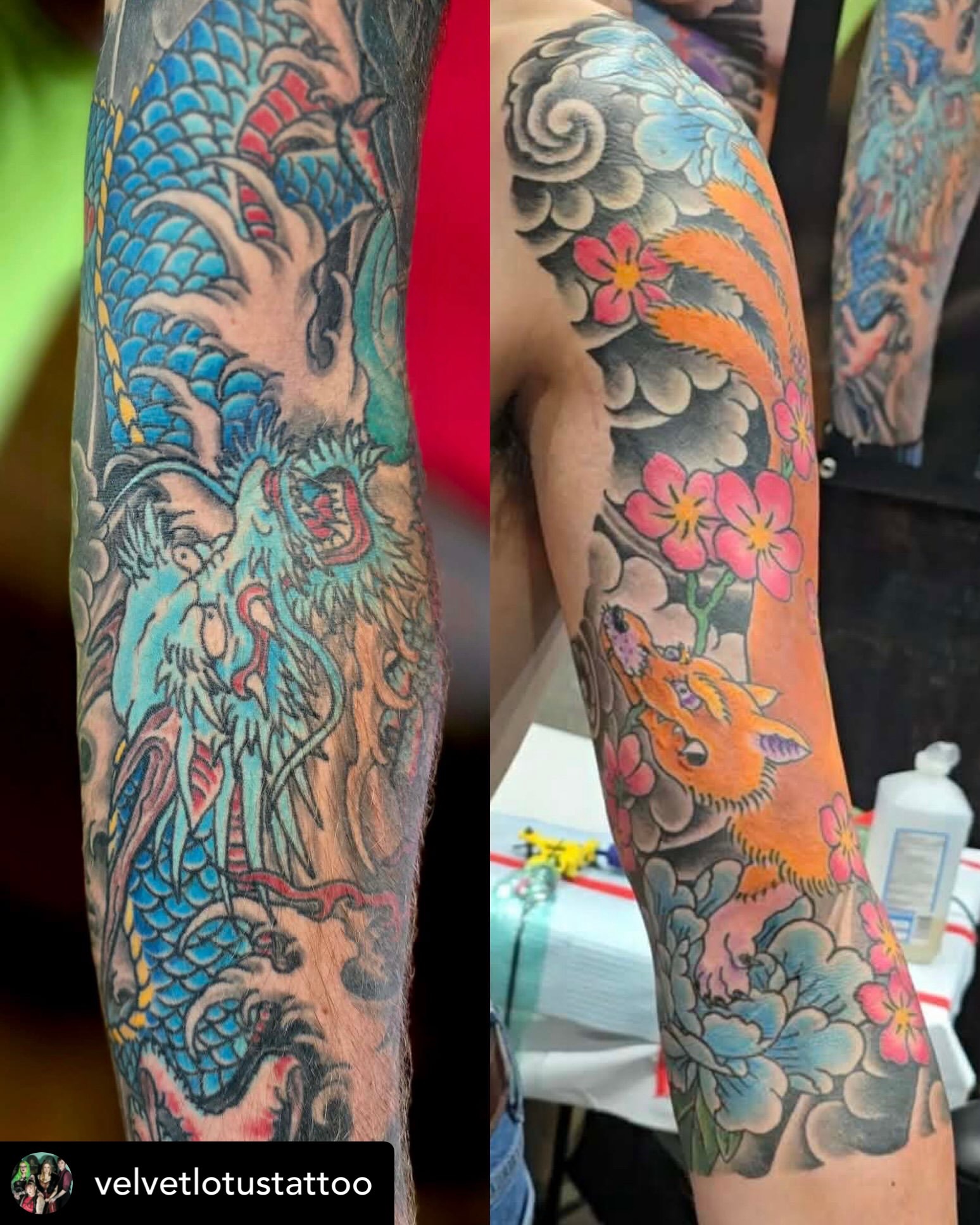 Dragon and fox japanese irezumi tattoo on the forearm by Michelle Balhan