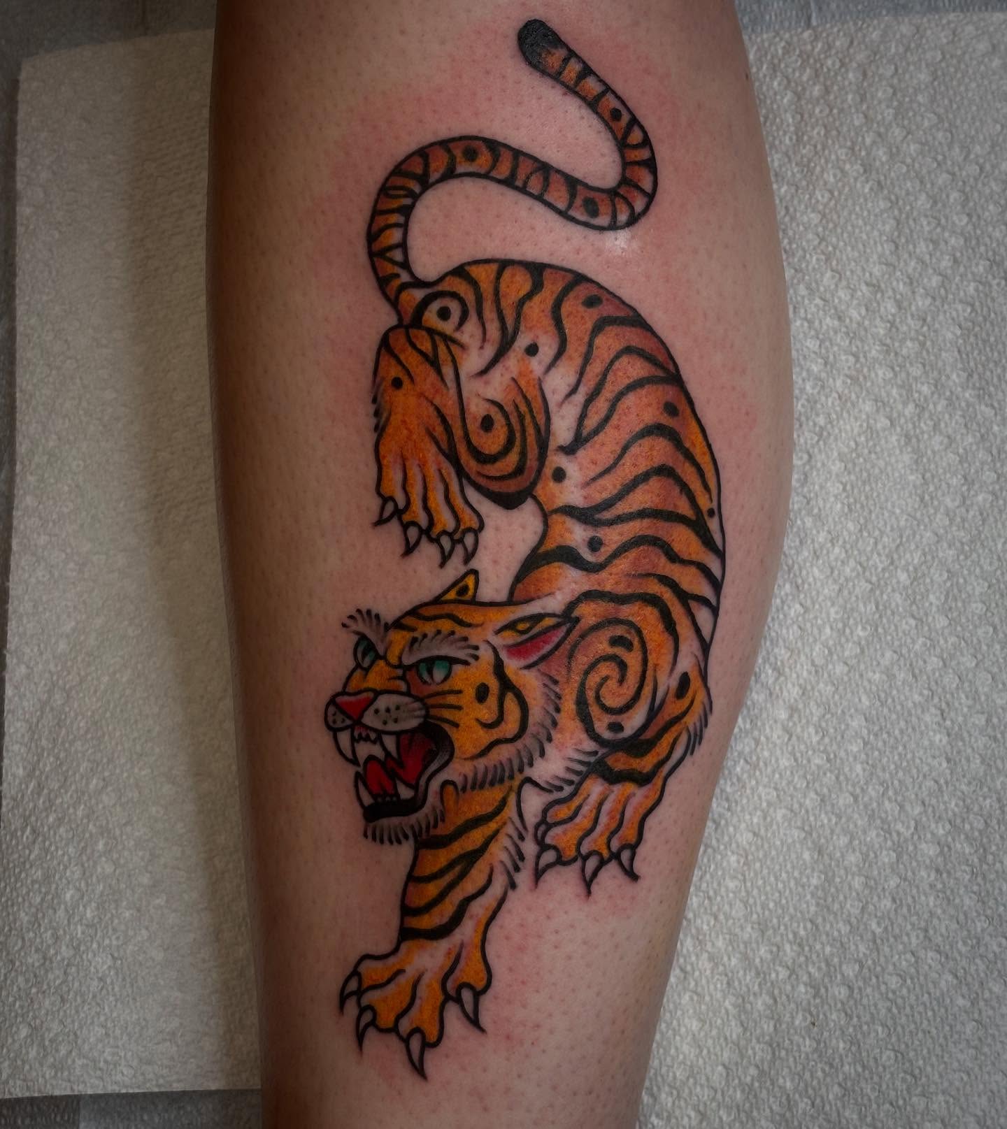 Tiger American traditional tattoo on the forearm by Brandi ⛓, Detroit, Michigan