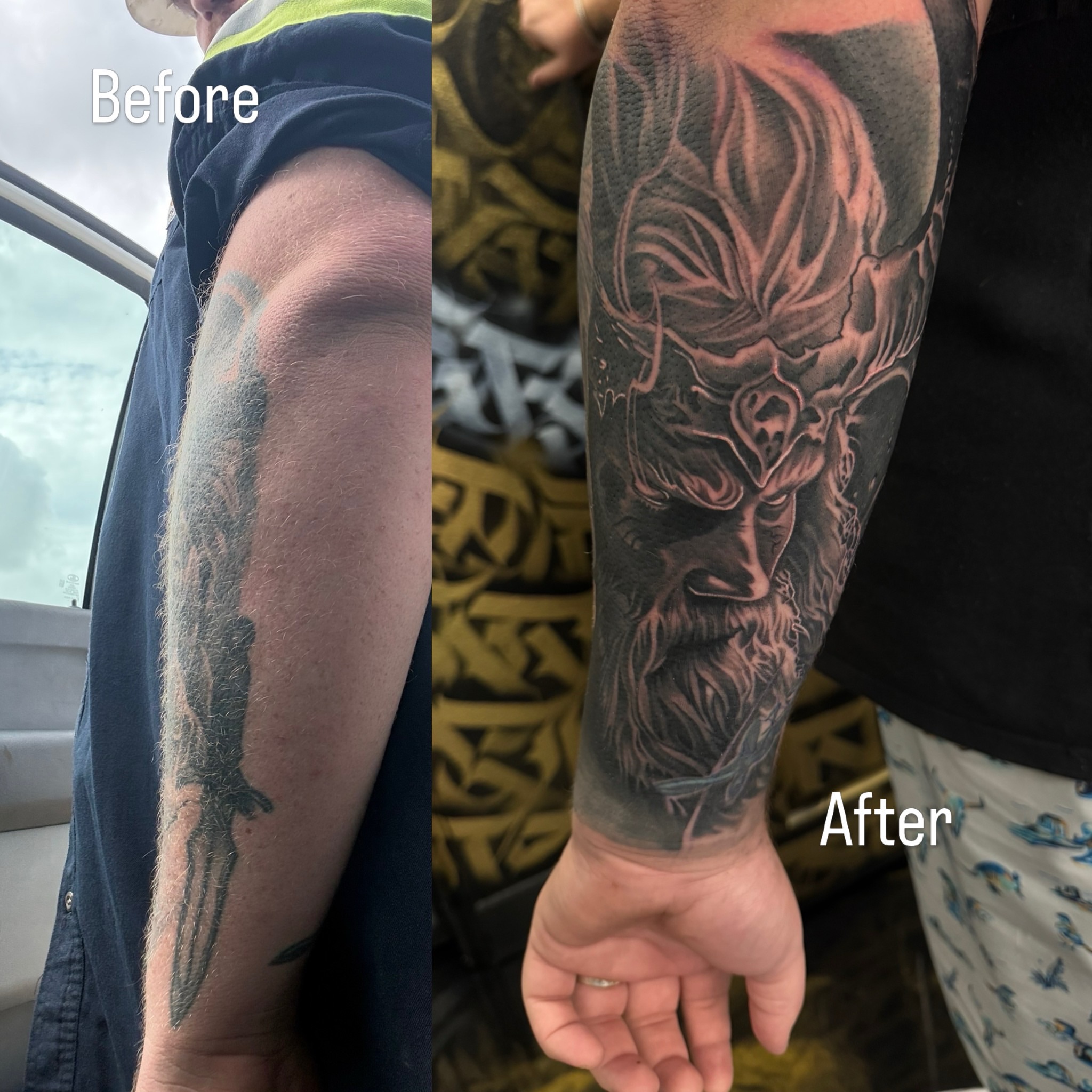 Bearded warrior realism tattoo on the forearm by Fernando Luna
