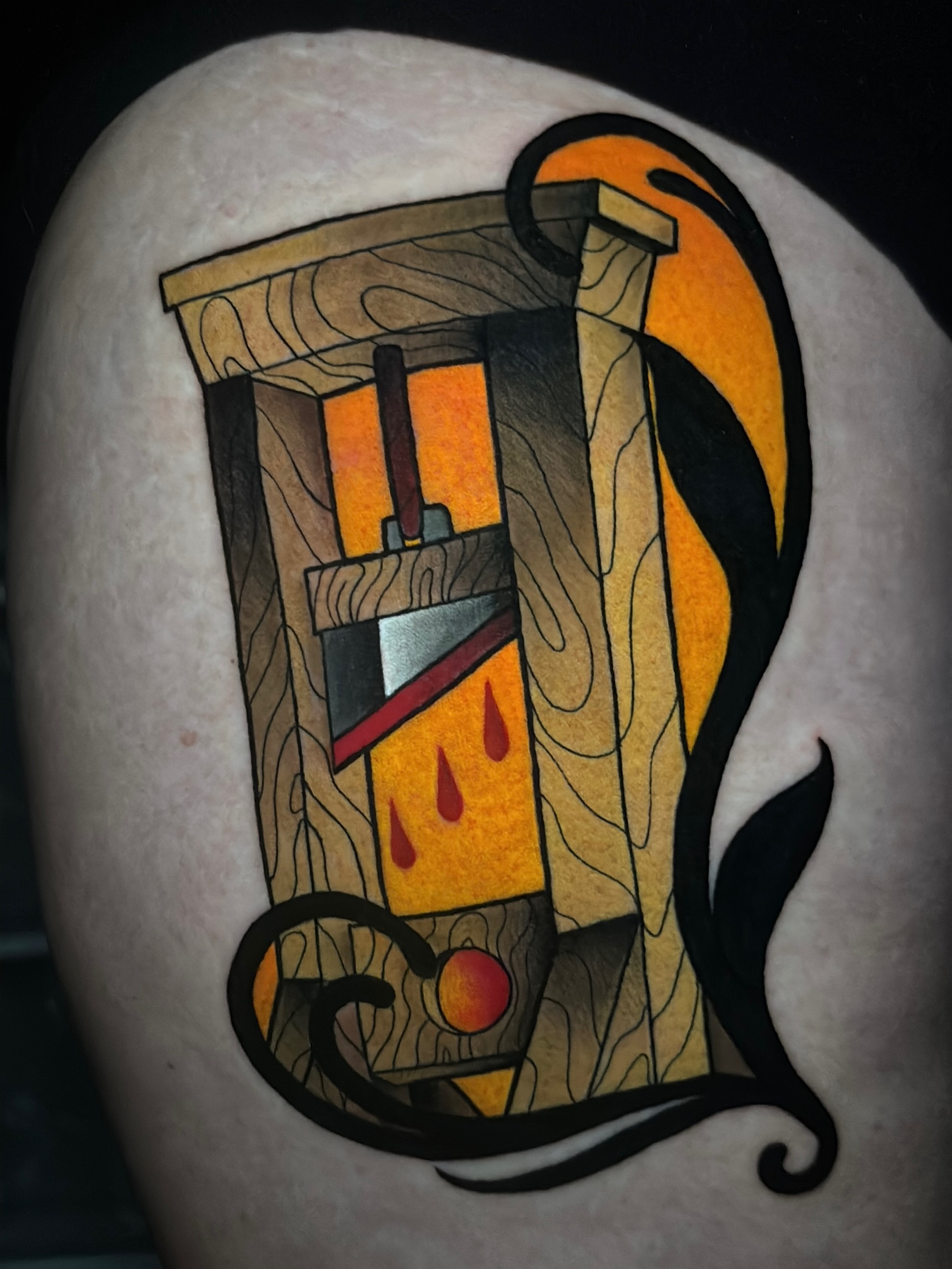 Fireplace geometric tattoo on the shoulder by Latesha Burnley