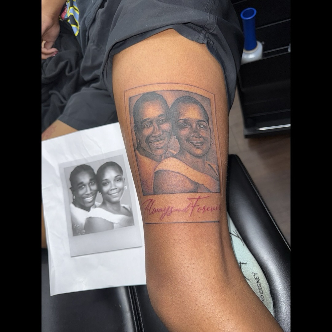 Portrait realism tattoo on the thigh by Anwon Johnson