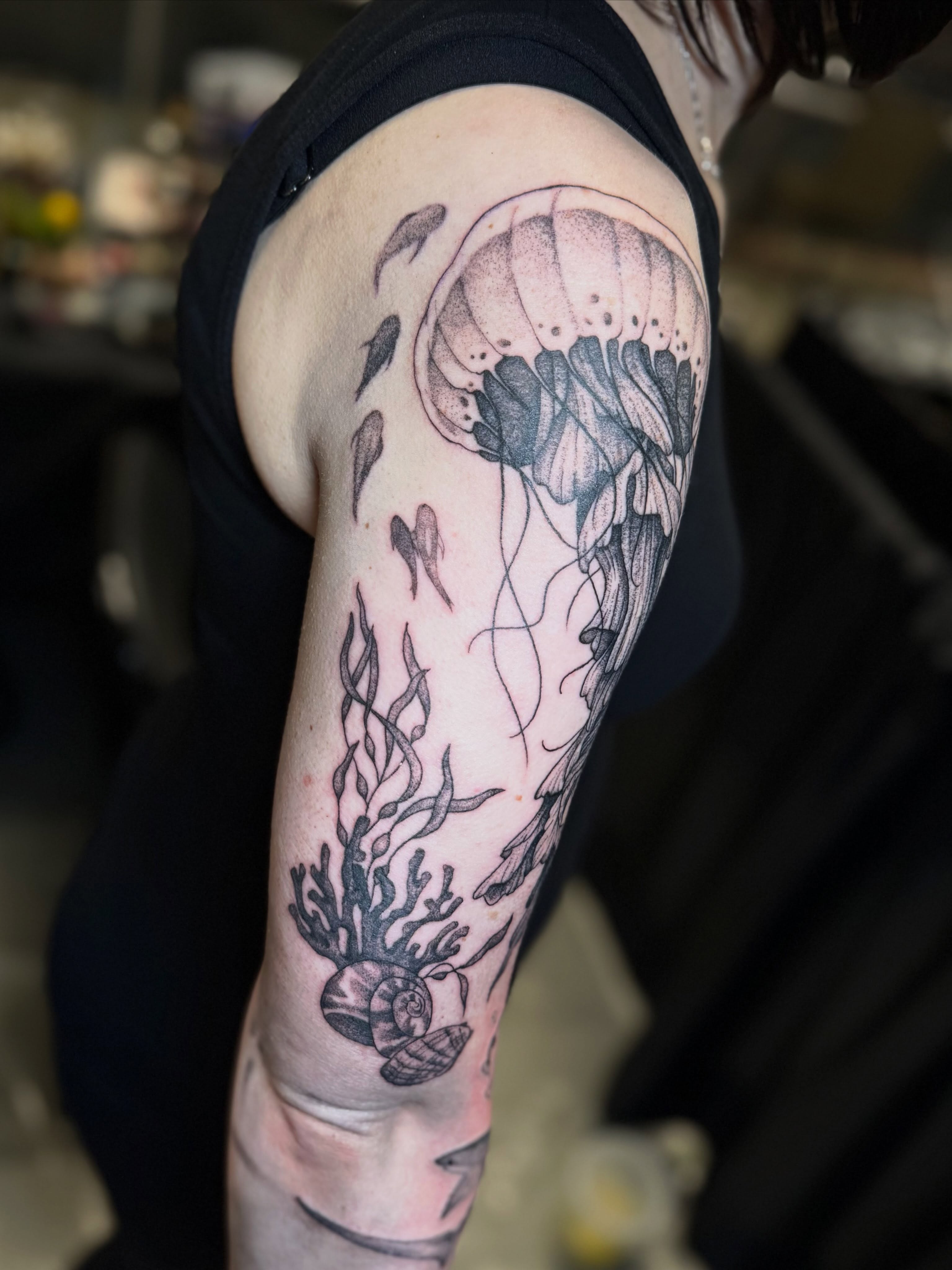Jellyfish and underwater scene dotwork tattoo on the forearm by βπ¬π―π’πΆ