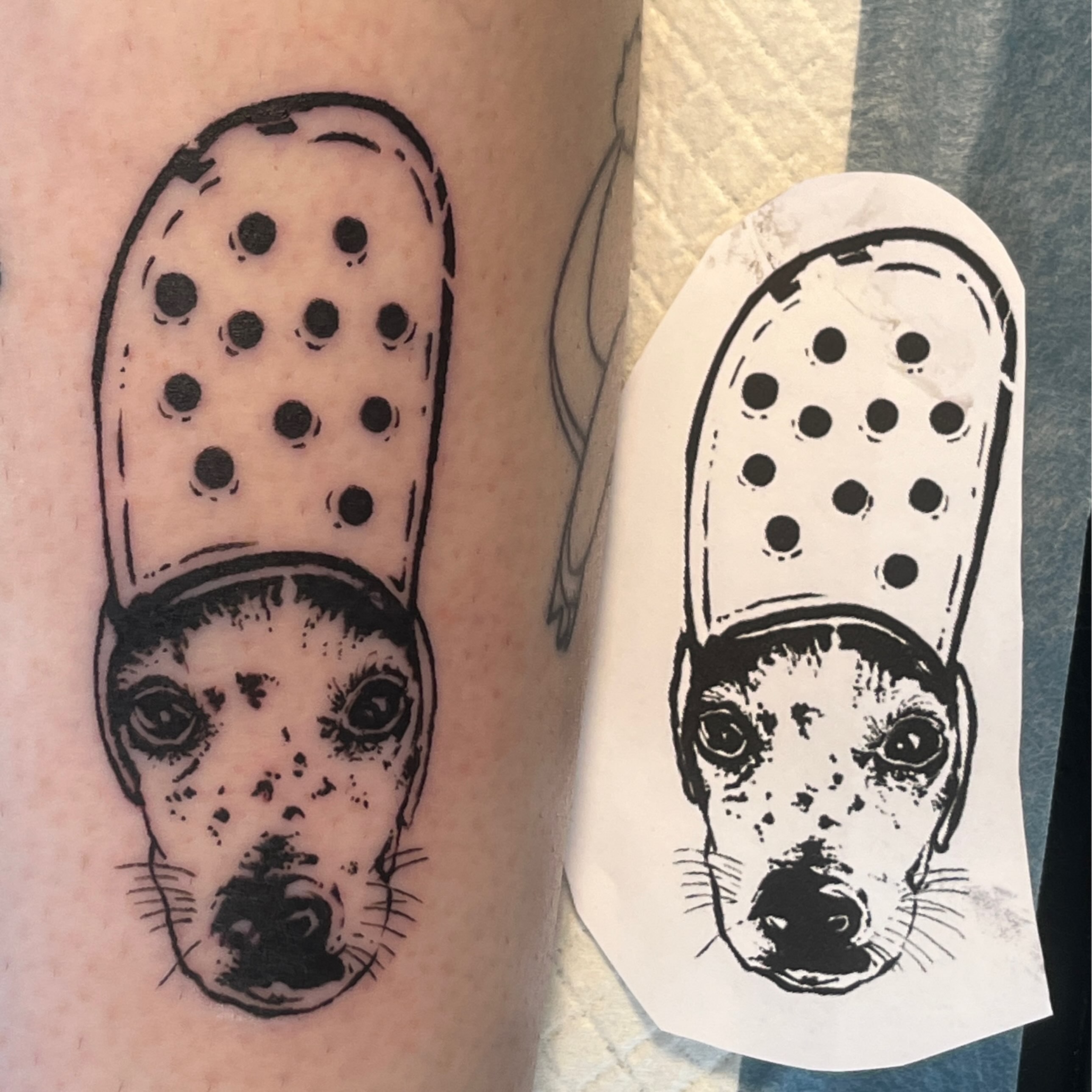 Dog wearing croc dotwork tattoo on the forearm by Koreatattoo Seoultattoo hongdaetattoo 서울타투