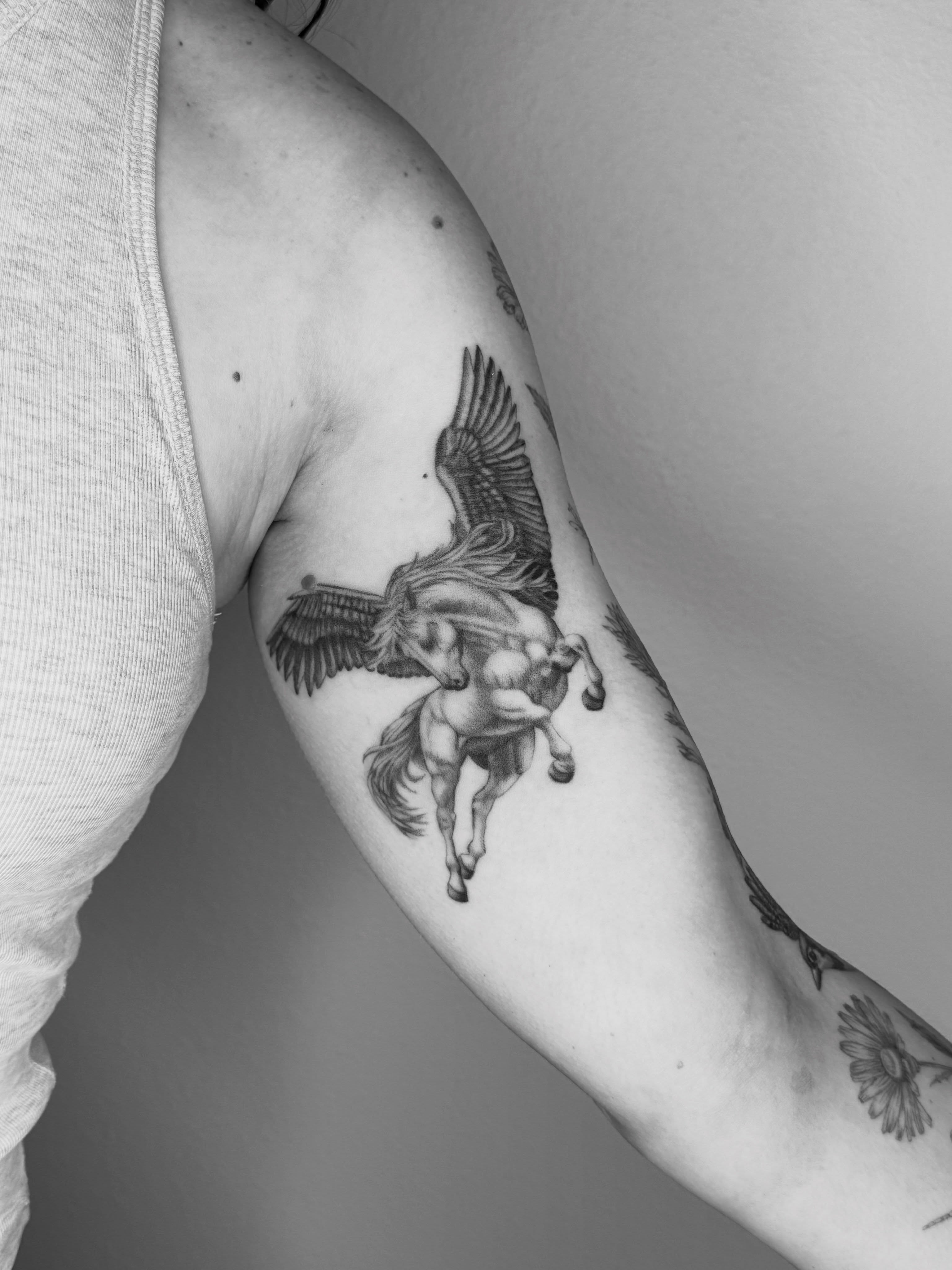 Pegasus and centaur realism tattoo on the forearm by Ashley Limon