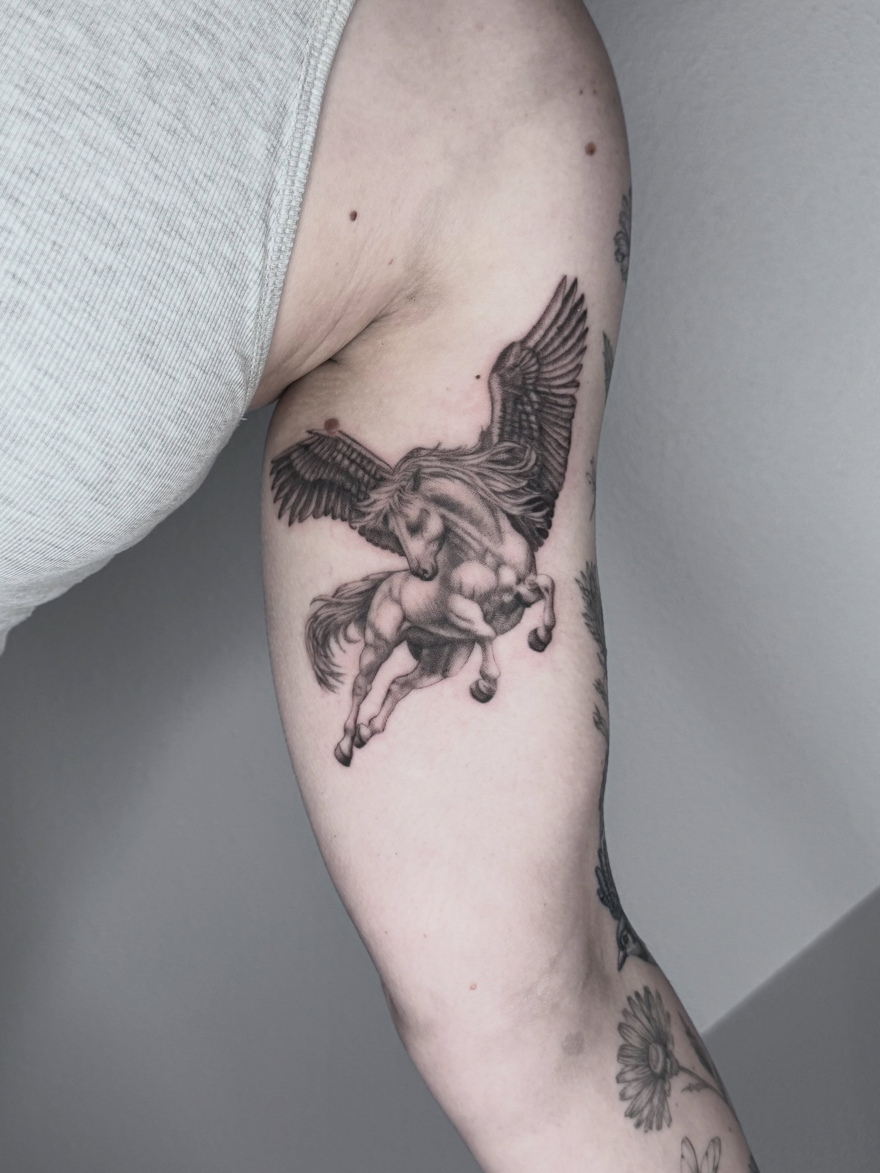 Pegasus black and grey tattoo on the forearm by Ashley Limon