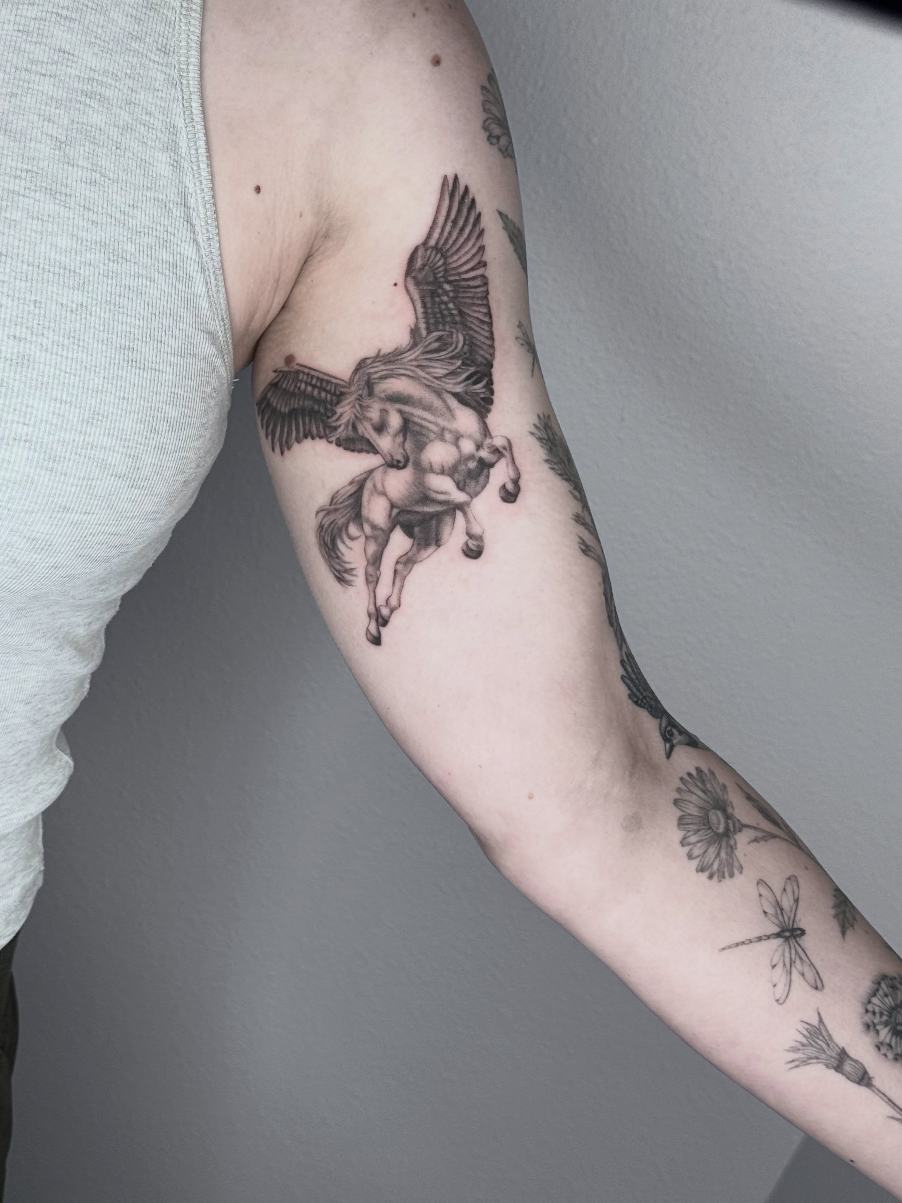 Pegasus black and grey tattoo on the forearm by Ashley Limon