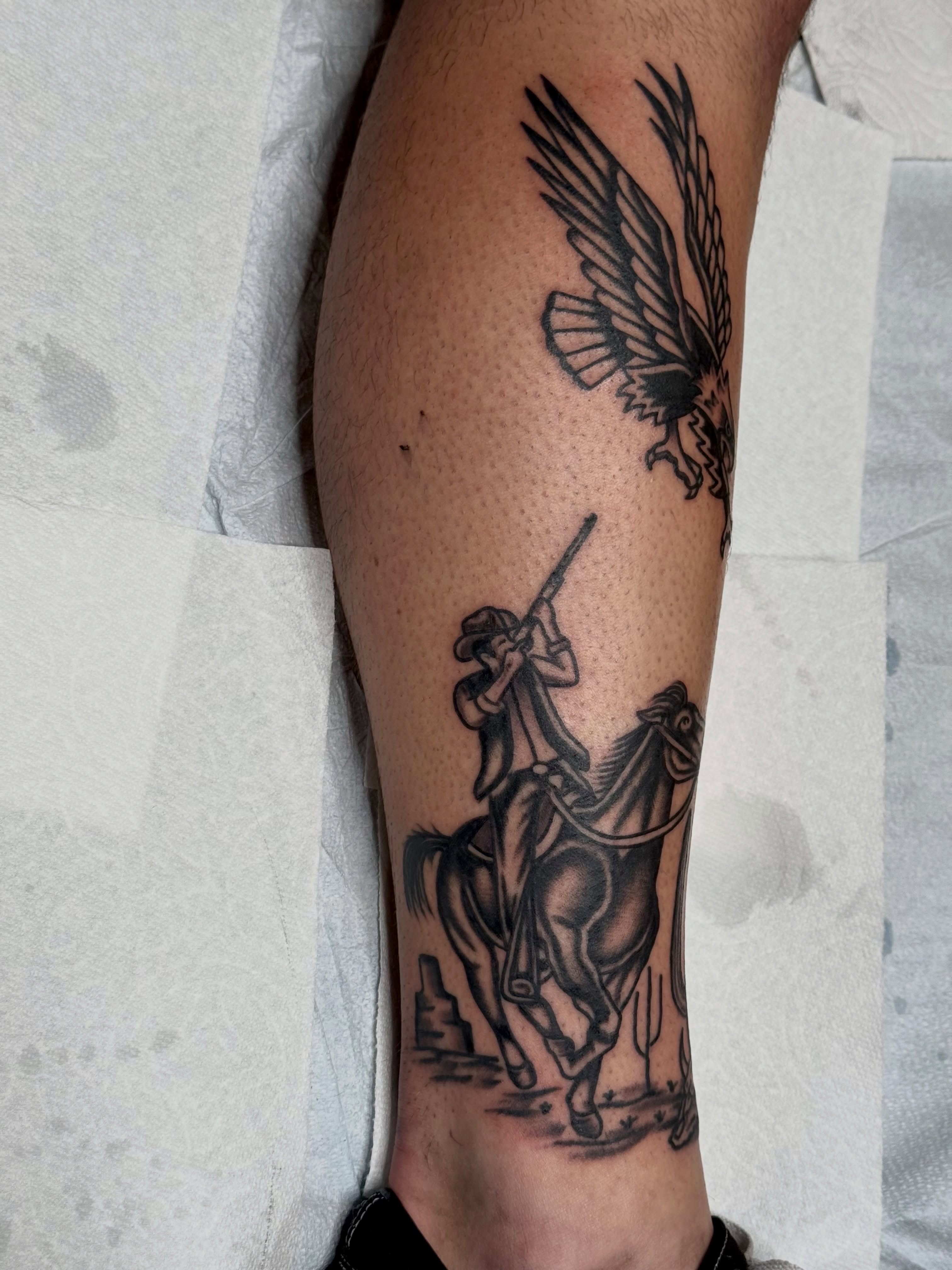 Horseman and eagle black and grey tattoo on the forearm by San Diego Tattoo Artist - 𝔍𝔞𝔠𝔬𝔟 𝔓𝔞𝔫𝔦𝔞𝔤𝔲𝔞