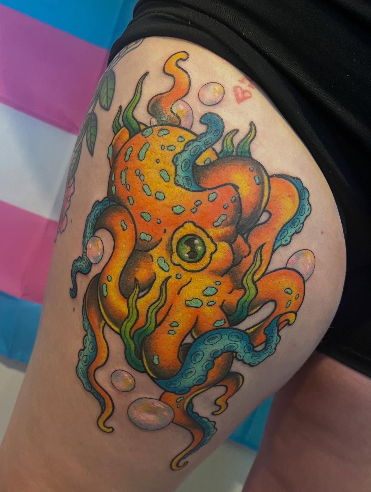 Octopus new school tattoo on the thigh by 🖤Jess Pereira🖤, Framingham, Massachusetts
