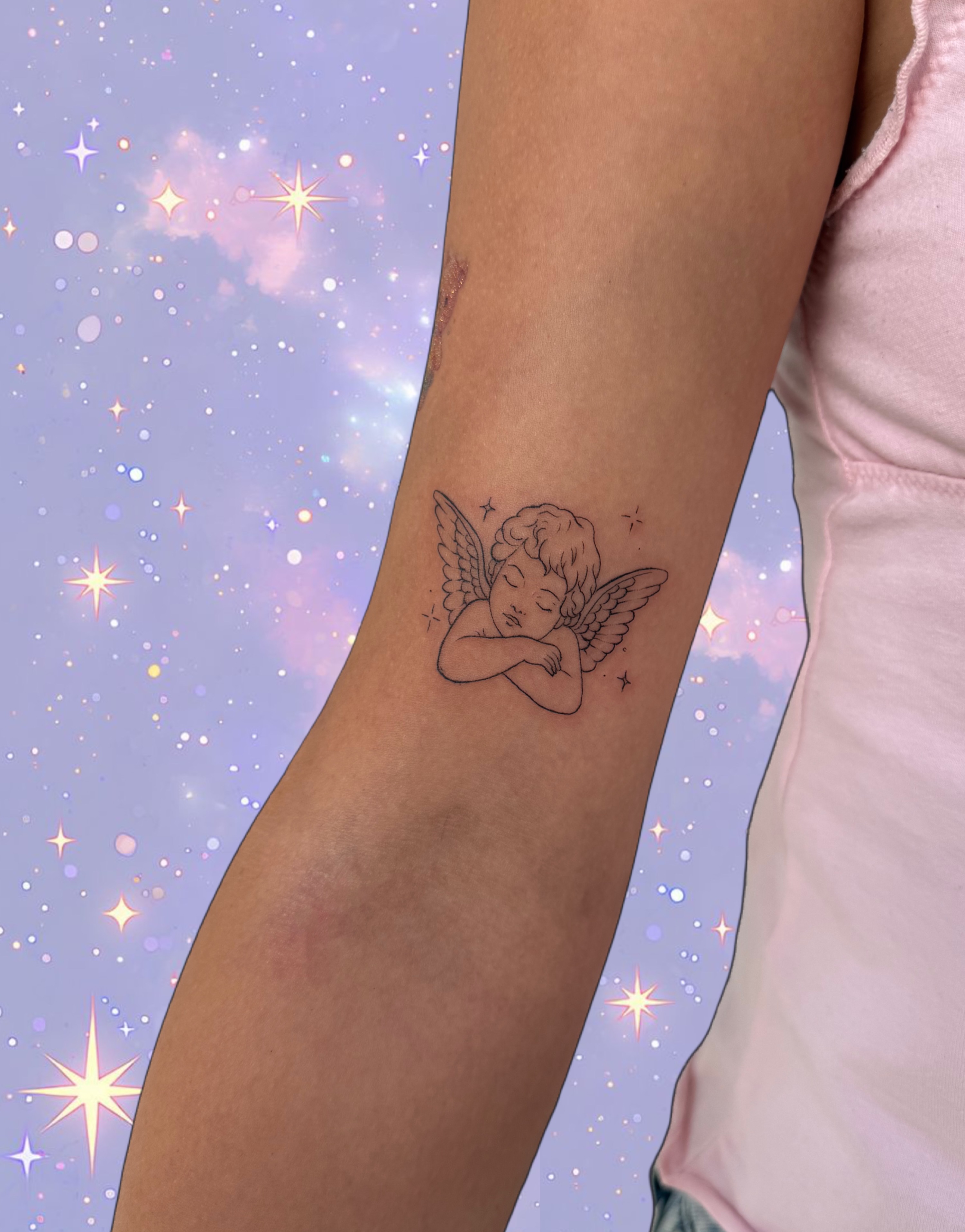 Angel sleeping black and grey tattoo on the forearm by : *✧･ﾟ:* camryn  *:･ﾟ✧: