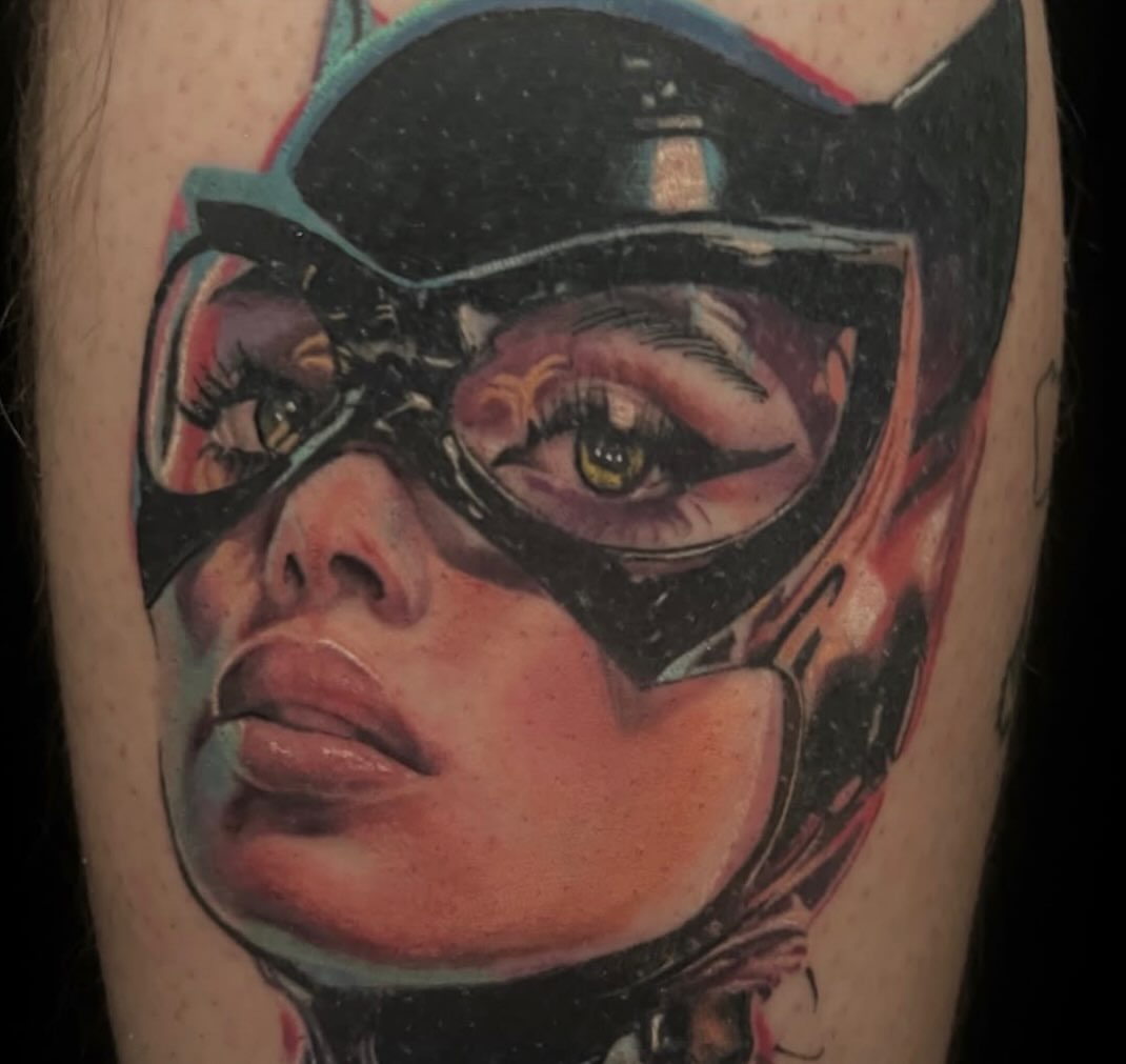 Catwoman realism tattoo on the forearm by Dustin Kaiser, Mentor, Ohio